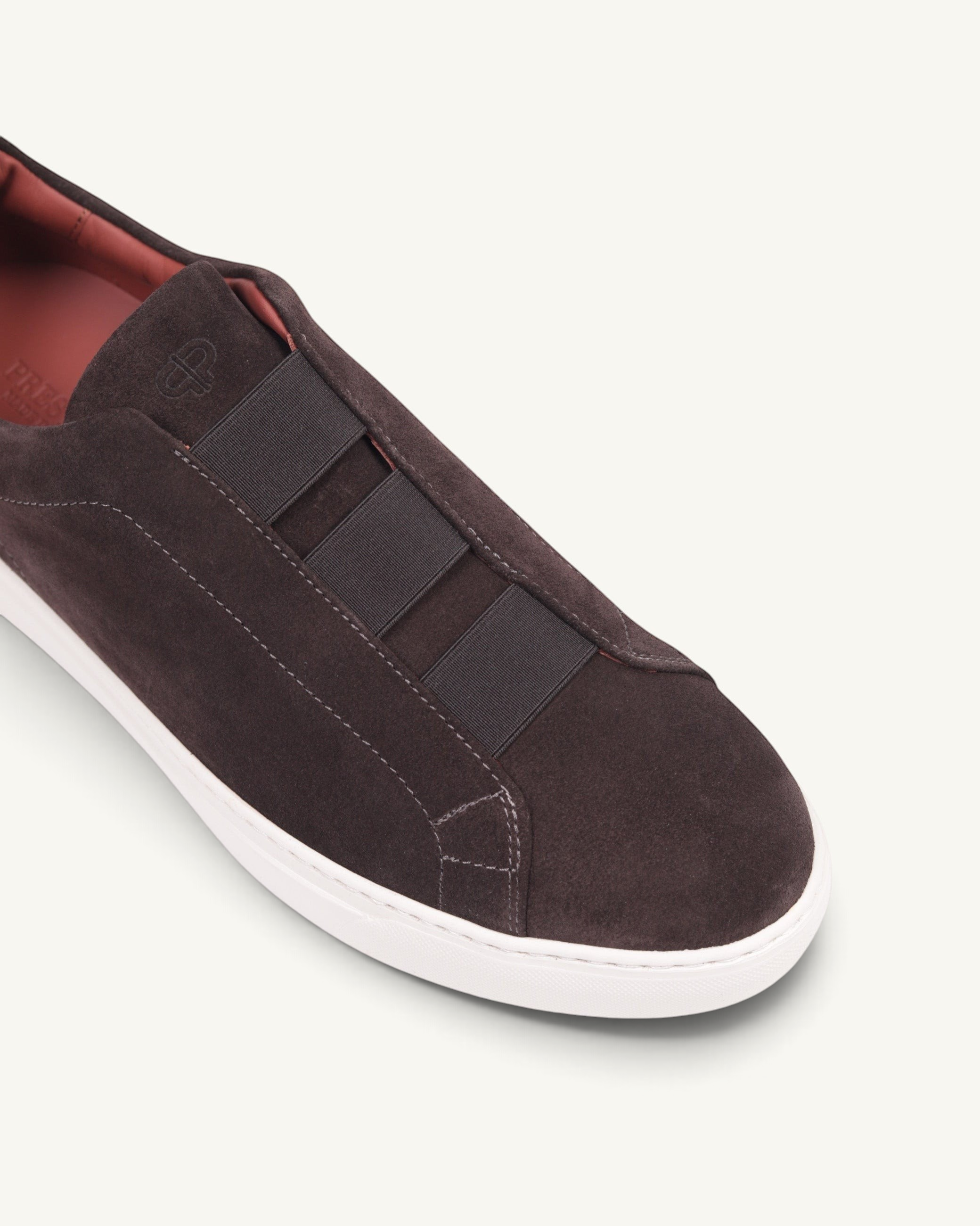 Prestige U5332 dark brown velour sneaker with triple stitch elastic detailing and a white rubber sole