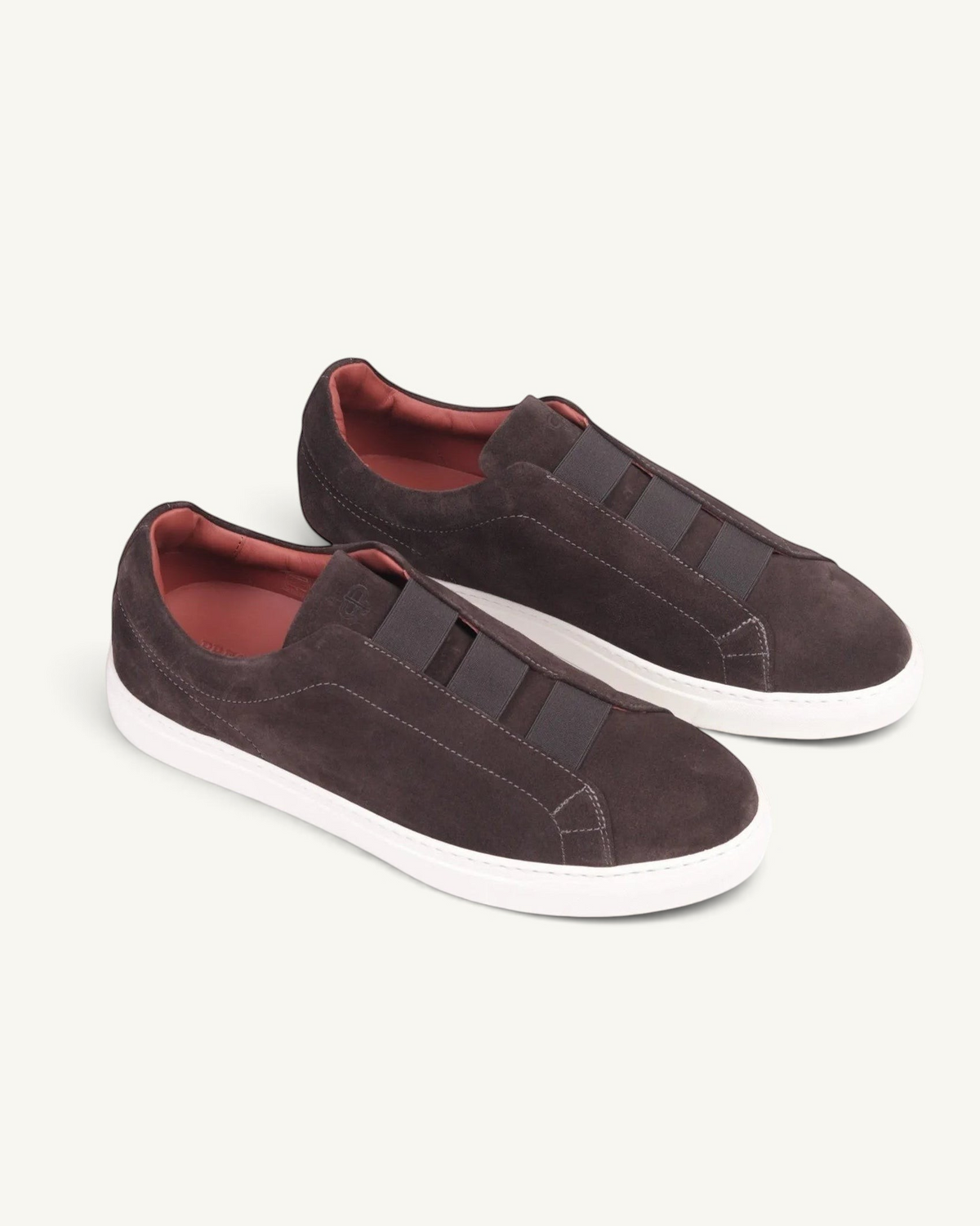 Prestige dark brown velour sneakers featuring triple stitch detailing and a lightweight white rubber sole