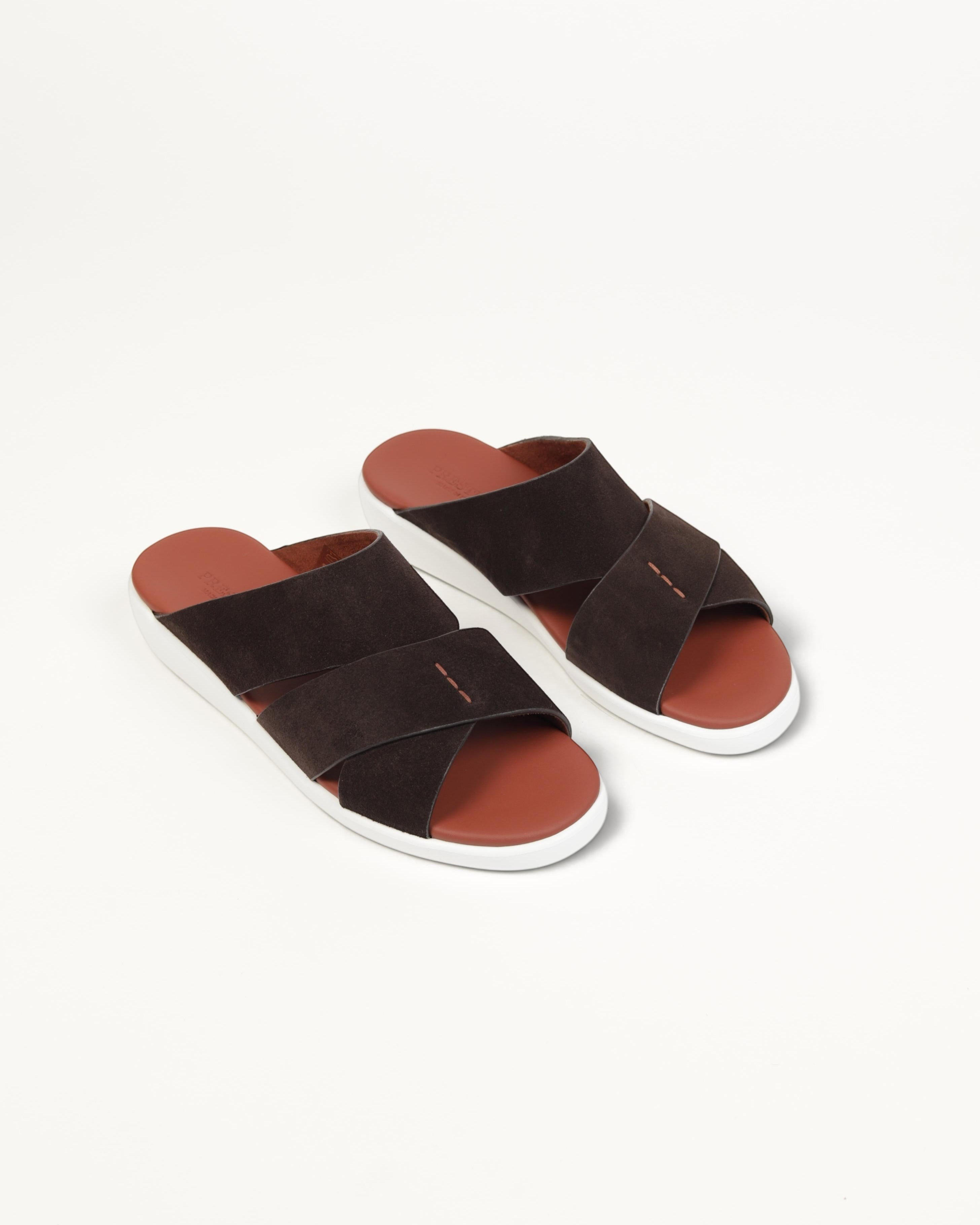 Prestige PVNL-XL3 velour sport slides in dark brown with a cross-strap design and white rubber sole.