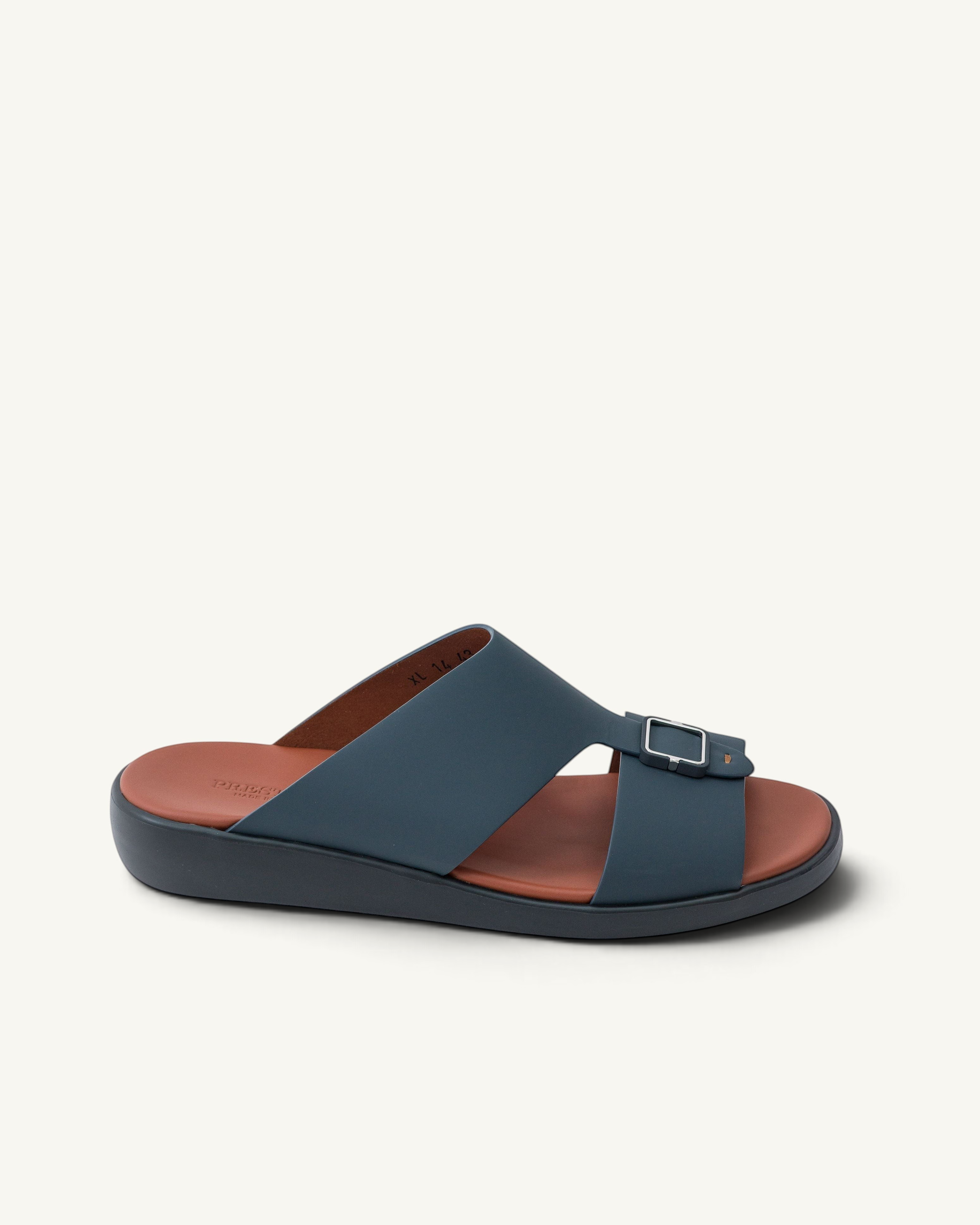 Prestige men's extra light sandals in deep blue with a brown footbed and silver buckle detail