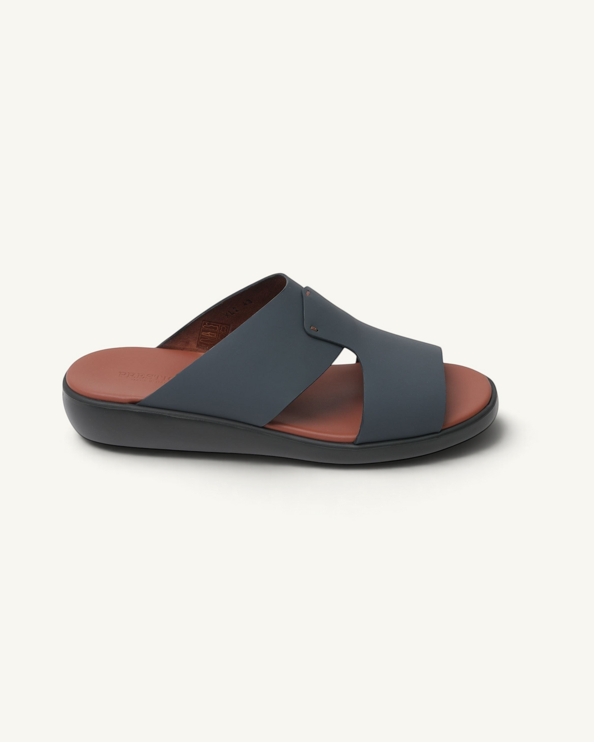 Prestige PG-XL2 Lord Gommato men's extra light slide sandals in deep blue with a brown footbed and black sole.