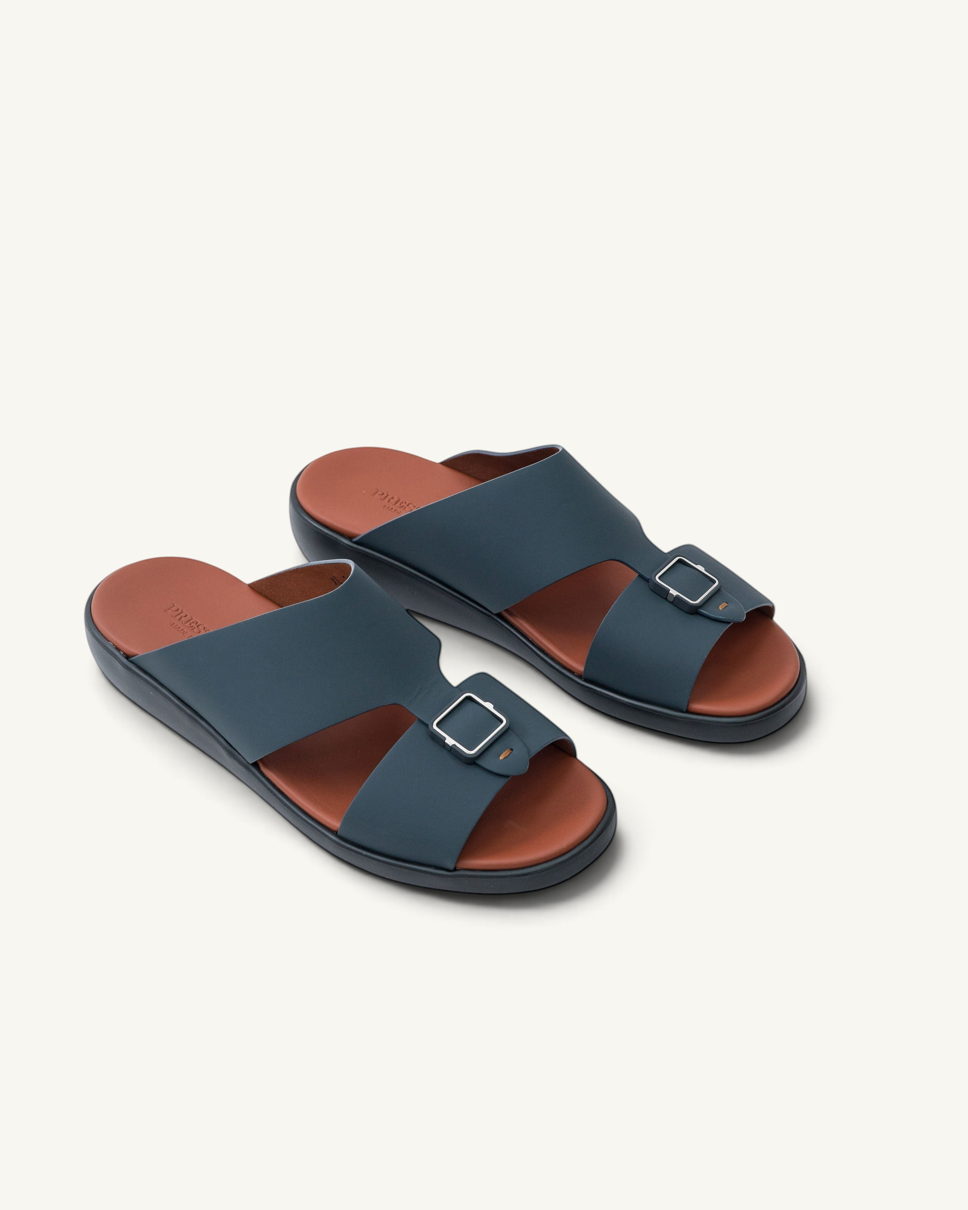 Prestige Lord Gommato extra light men's sandals in deep blue with a brown footbed and silver buckle detail