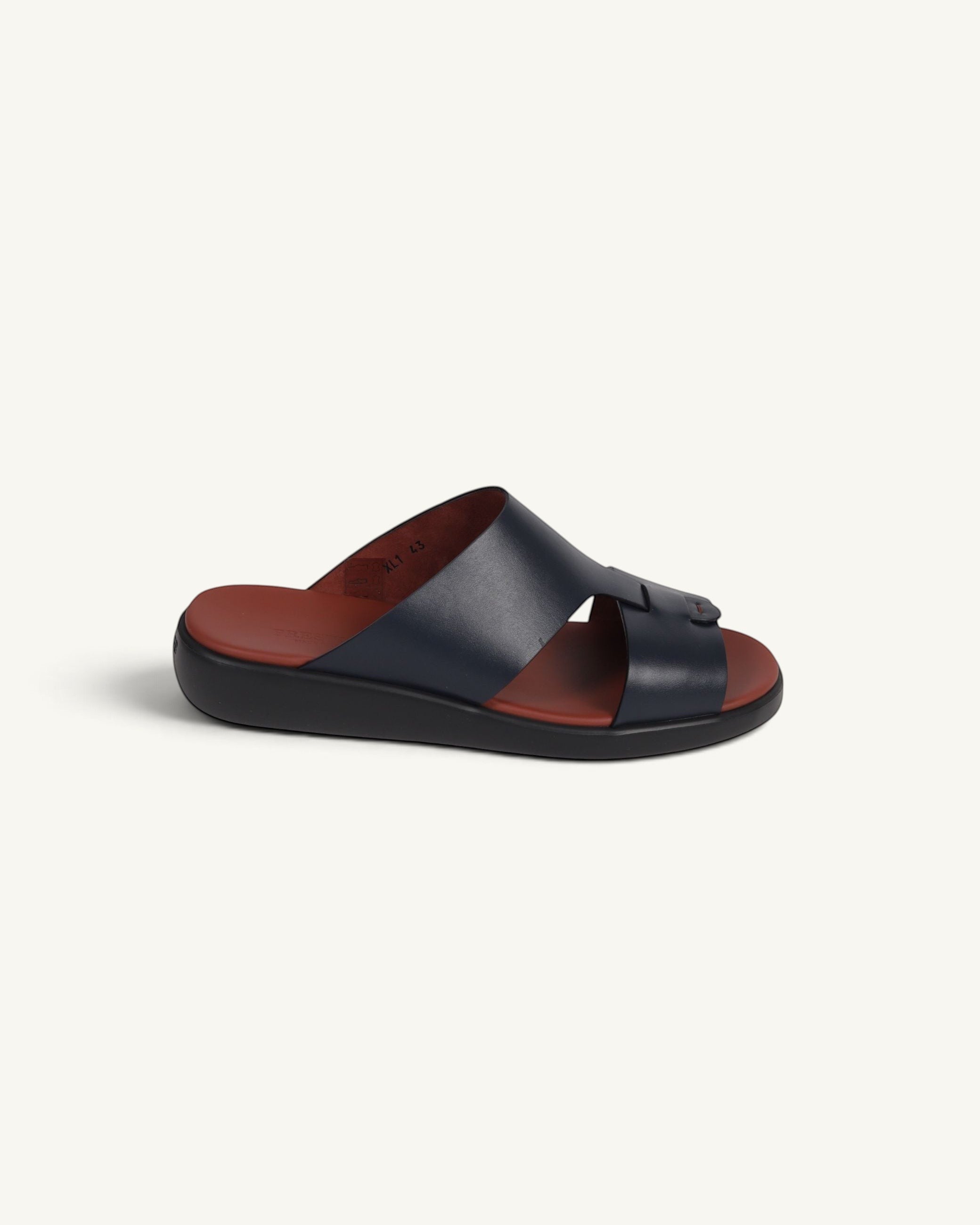 Prestige men's extra light slide sandals in deep blue soft nappa calf leather with a contrasting brown footbed