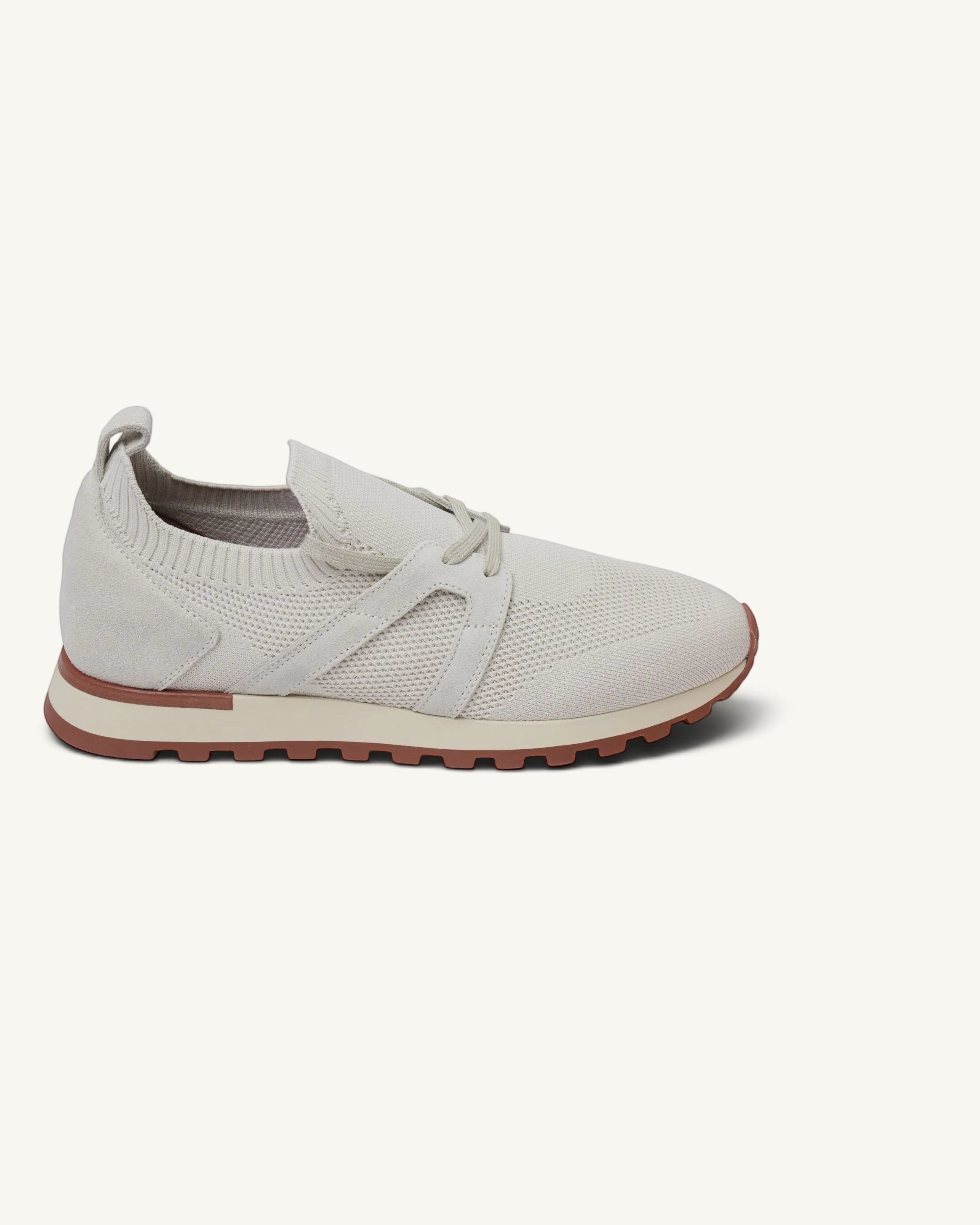 Prestige PS-U5350 Flexy Lux runners in ghiaccio grey knit fabric with suede accents and a durable brown rubber sole.