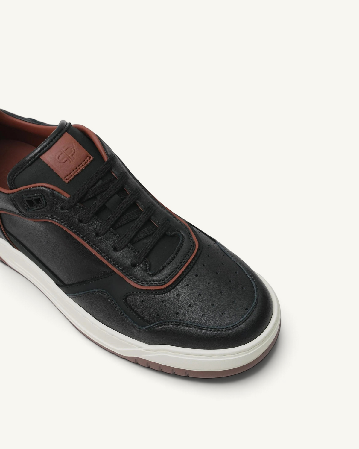 Prestige Glory Walk men's black nappa and nabuk leather sneaker with brown trim and white rubber sole