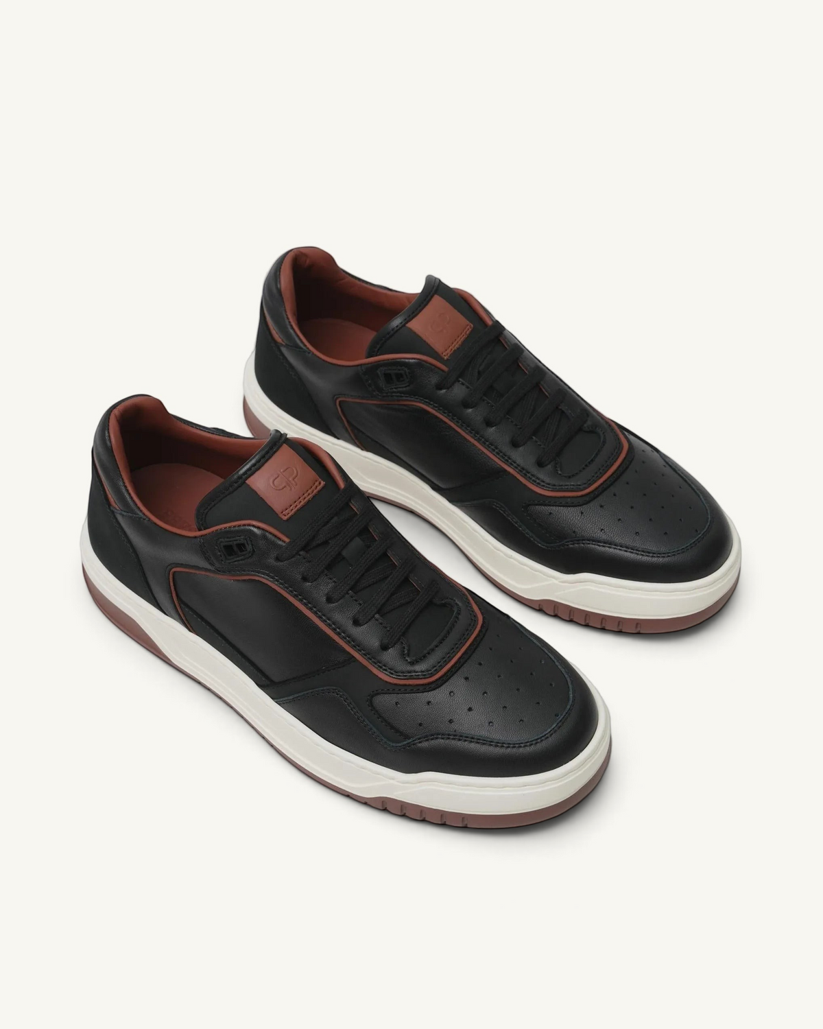 Prestige Glory Walk men's black nappa and nabuk leather sneakers with brown interior lining and white rubber soles.