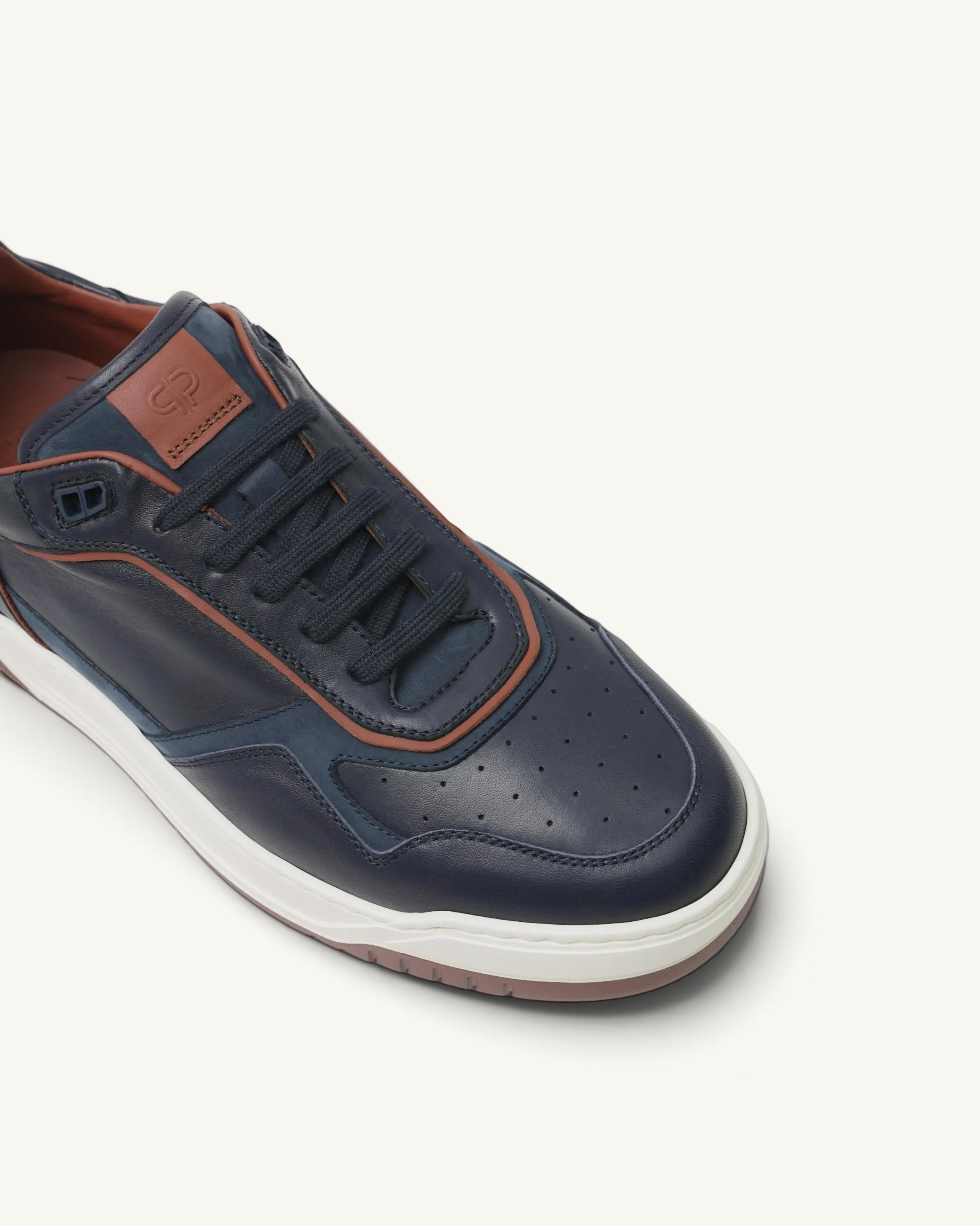 Prestige Glory Walk men's sneaker in blue nappa and nabuk leather with brown trim and white rubber sole