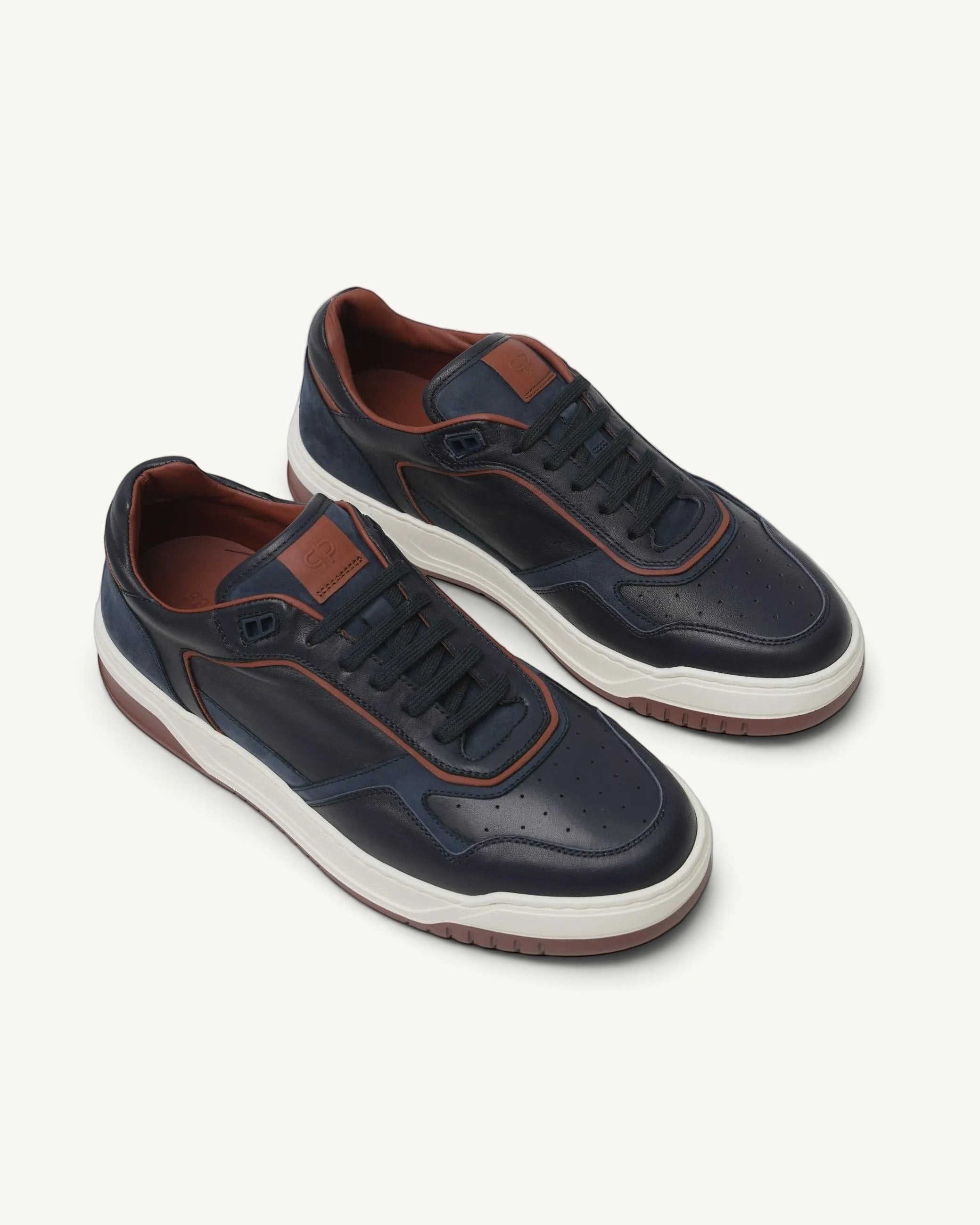 Prestige Glory Walk men's sneakers in blue nappa leather and nabuk with brown accents and white rubber soles.