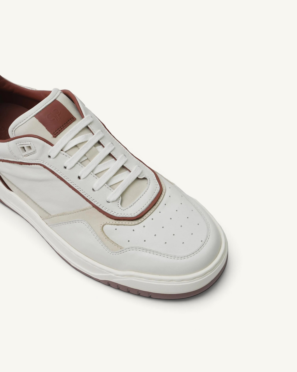 Prestige Glory Walk men's sneaker in cream nappa leather and nabuk with brown trim and perforated toe detail