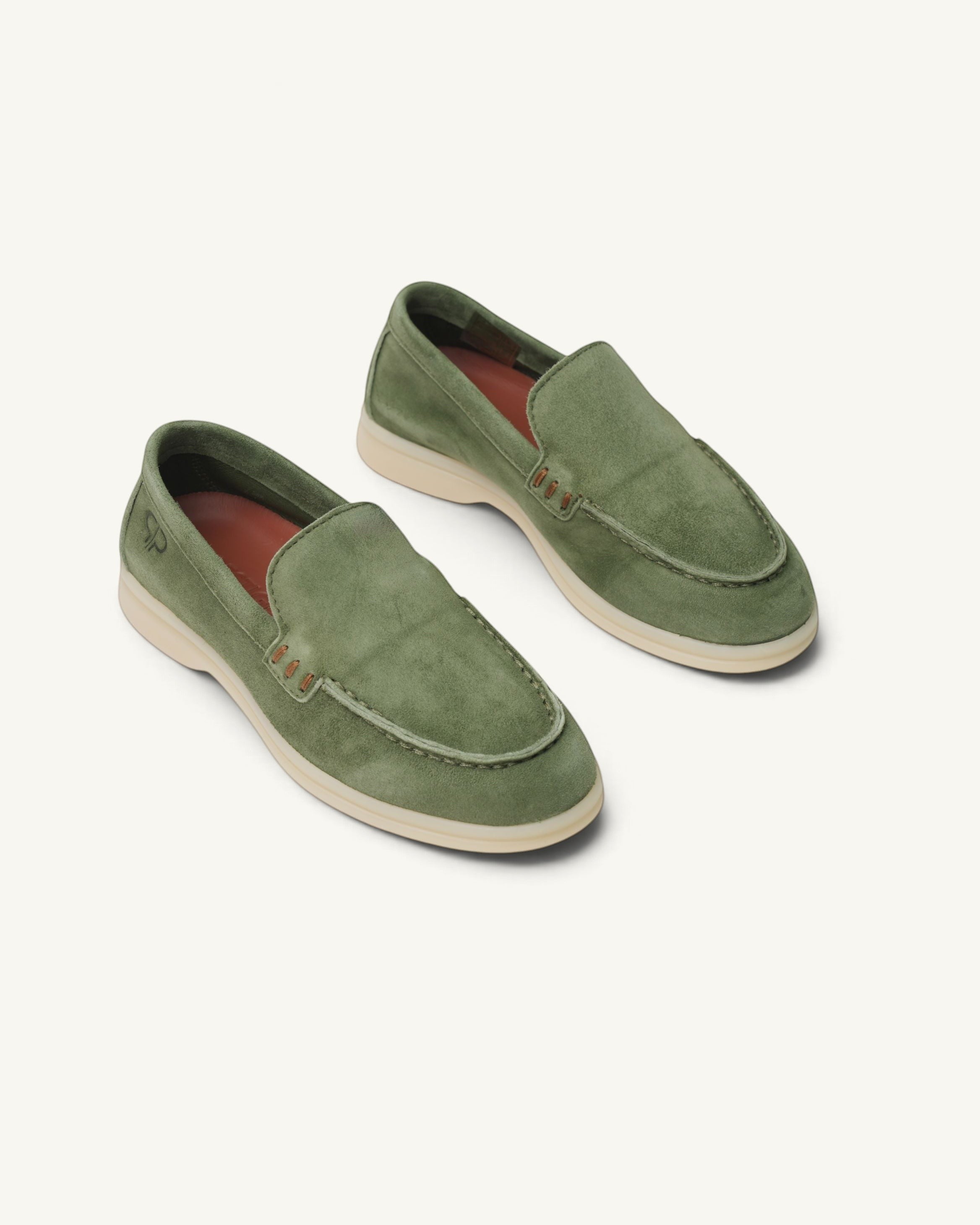 Prestige kids unisex green suede loafers with a comfortable flat sole and classic moccasin stitching