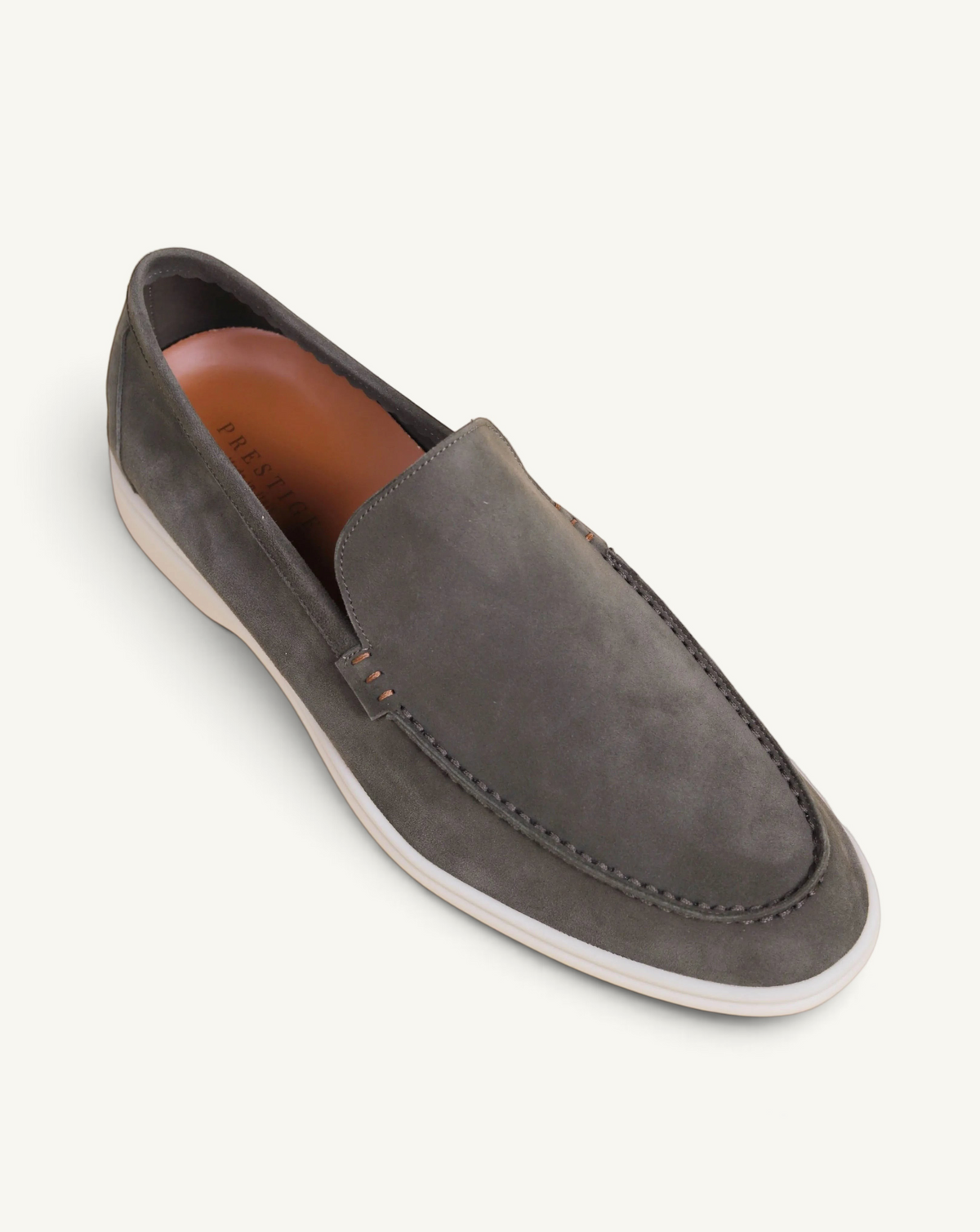 Prestige PSM092S loafer in olive green suede with a white rubber sole and moc-toe stitching