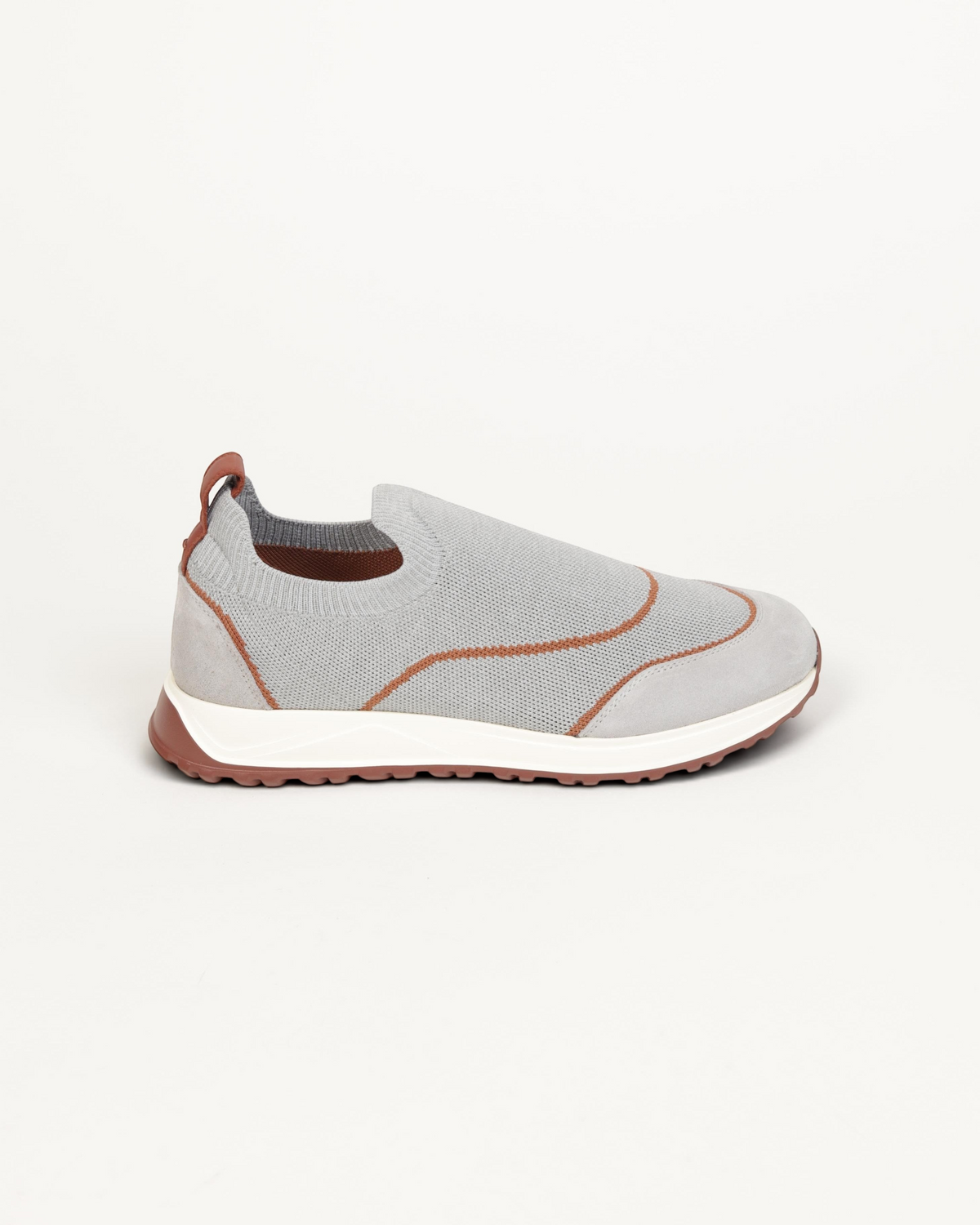 Prestige U5321 XLR grey slip-on active sneaker with knit upper, suede trim, and a comfortable white rubber sole.