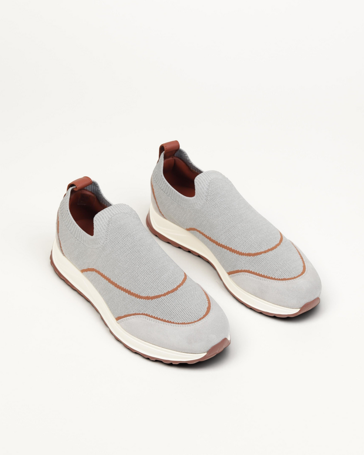 Prestige XLR Walk & Active grey knit slip-on sneakers with brown leather trim and white cushioned soles