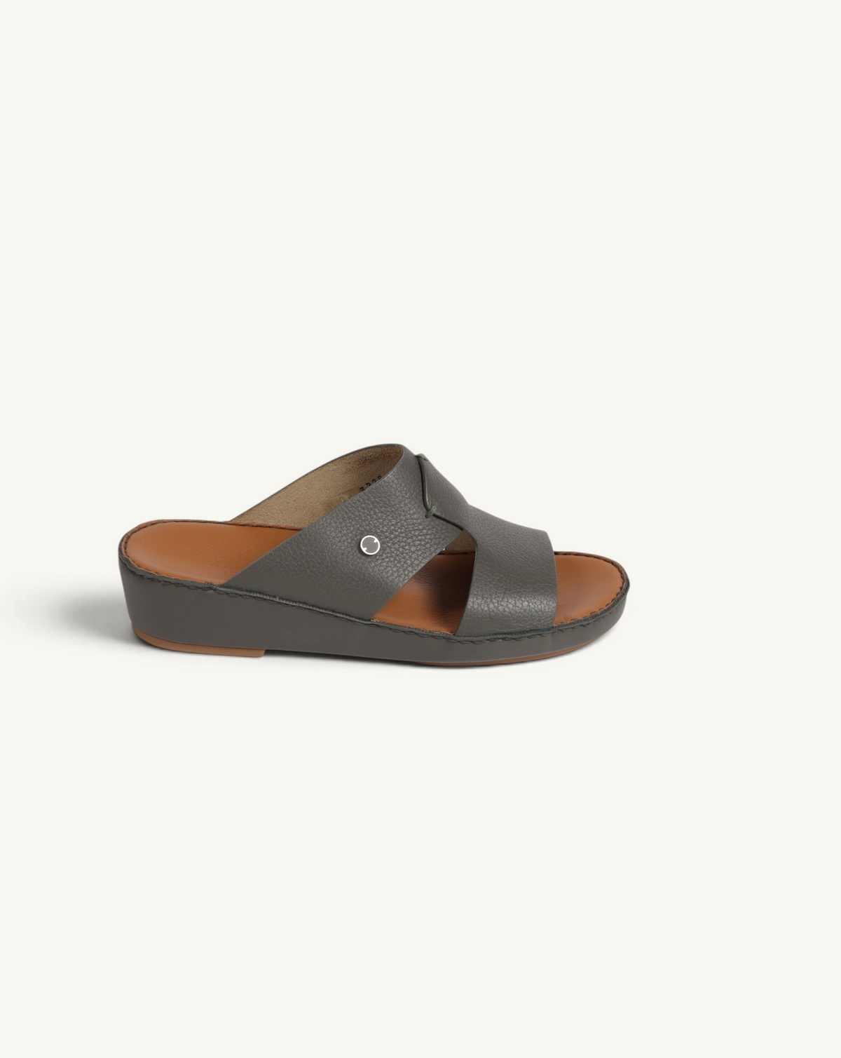 Prestige P3326 Legacy Trotter slide sandal in grey leather with a comfortable wedge heel and metallic stud detail.