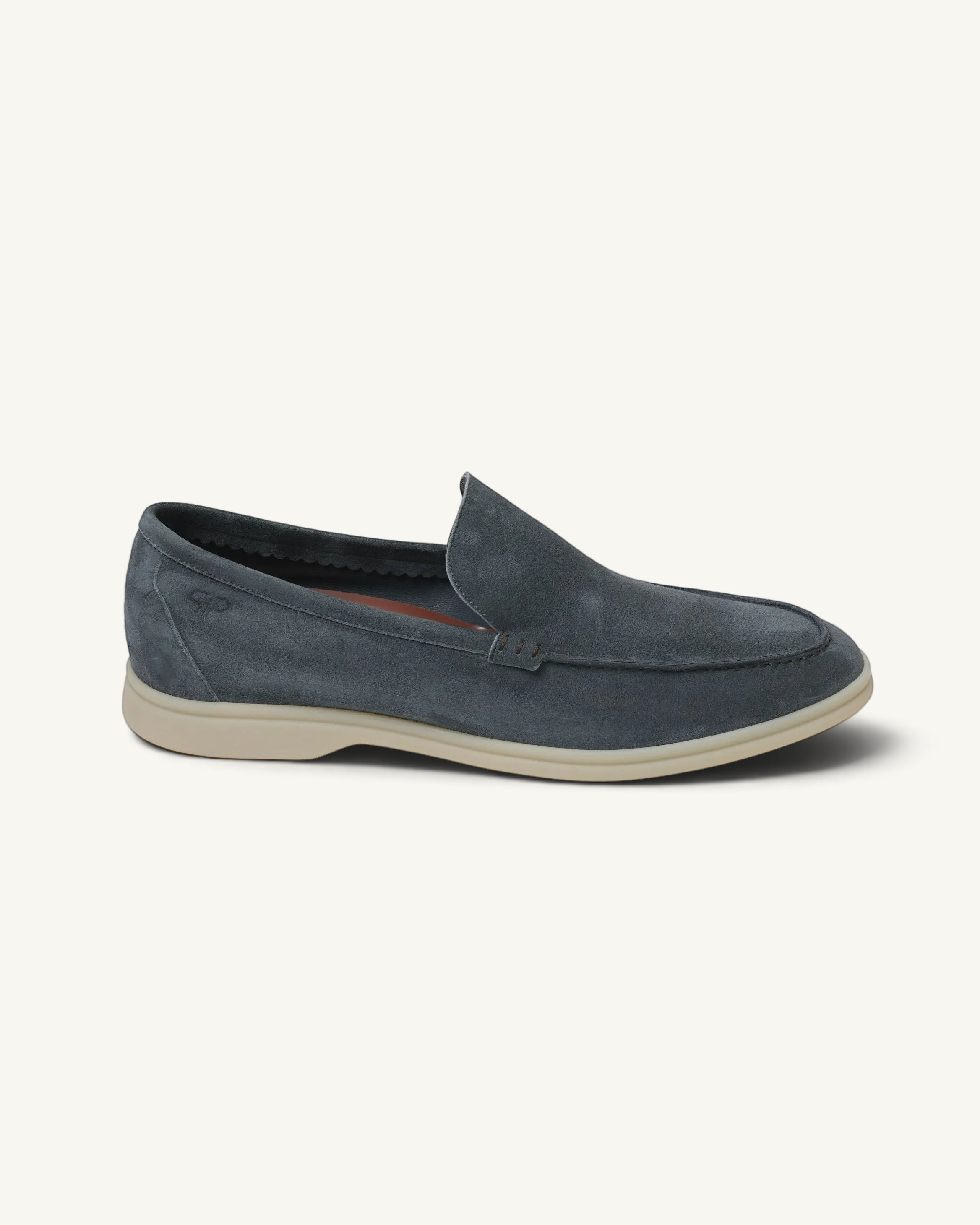Prestige PSM092S loafer in grey suede with a comfortable light-coloured rubber sole and minimalist design.