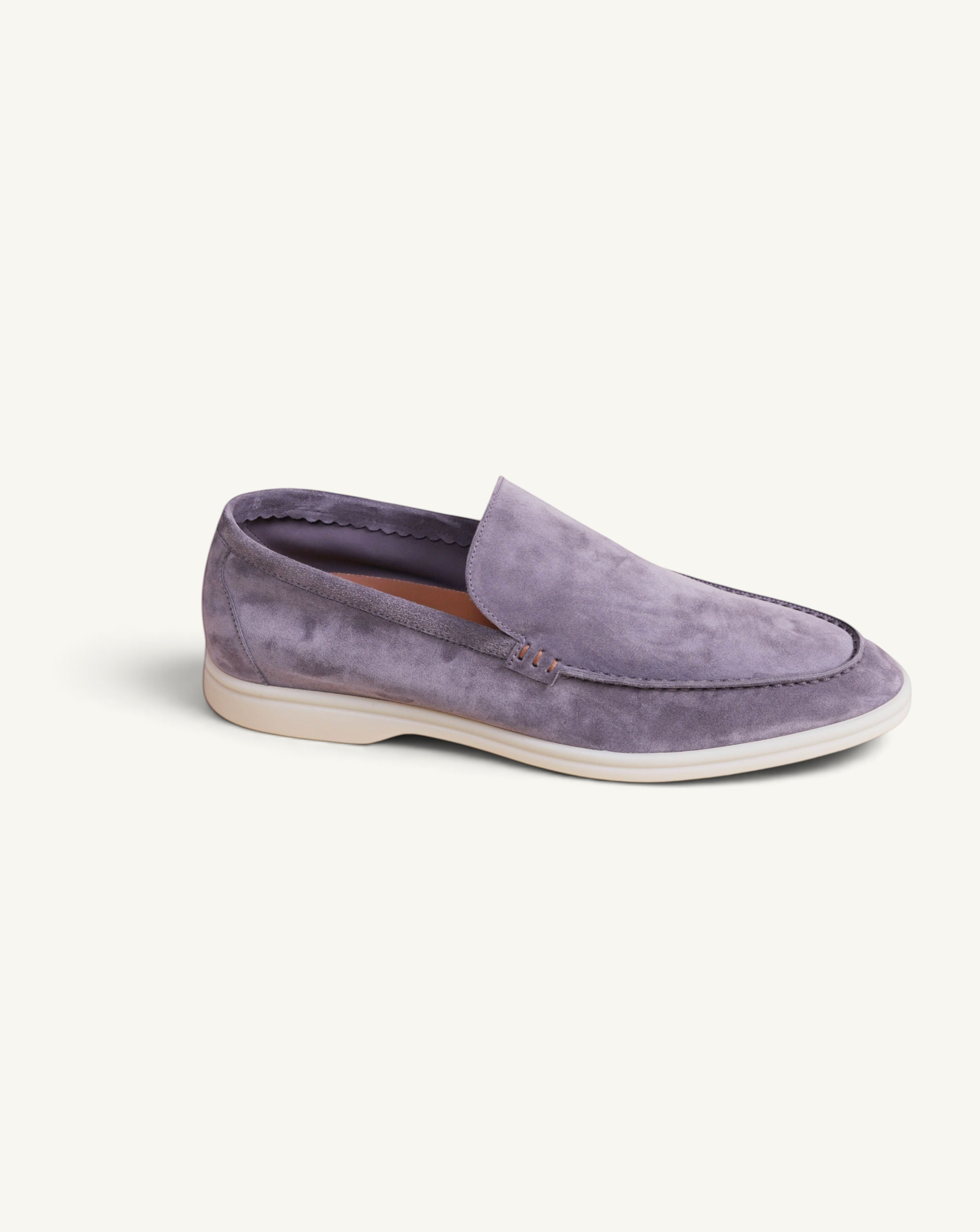Prestige PSM092S grey suede loafer with a white rubber sole and stitched detailing