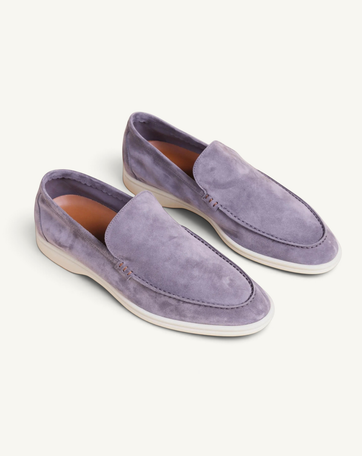 Prestige grey suede loafer walk shoes with a white rubber sole and stitched detailing