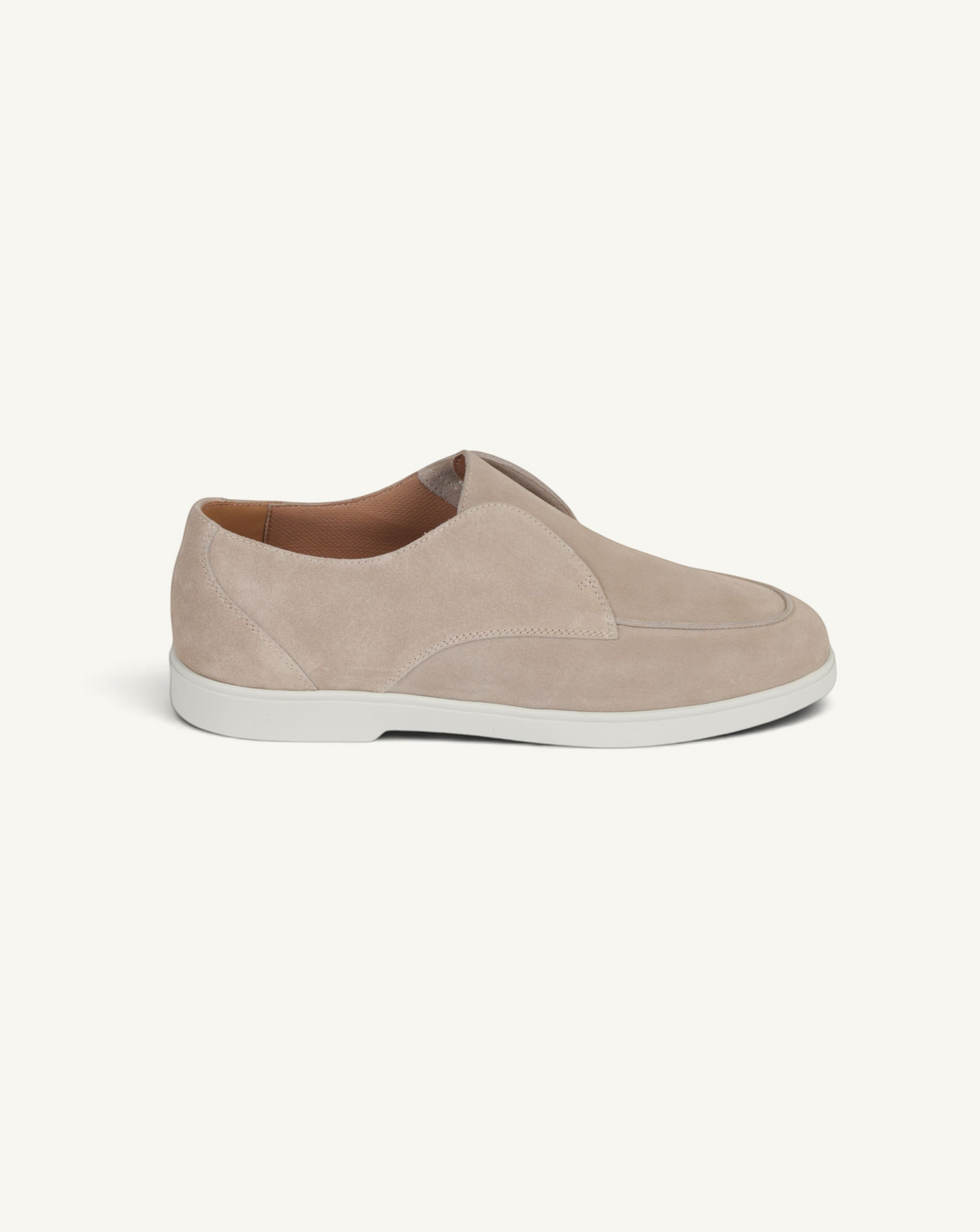 Prestige ivory velour loafers with a sleek slip-on design and a clean white rubber sole, side profile view.