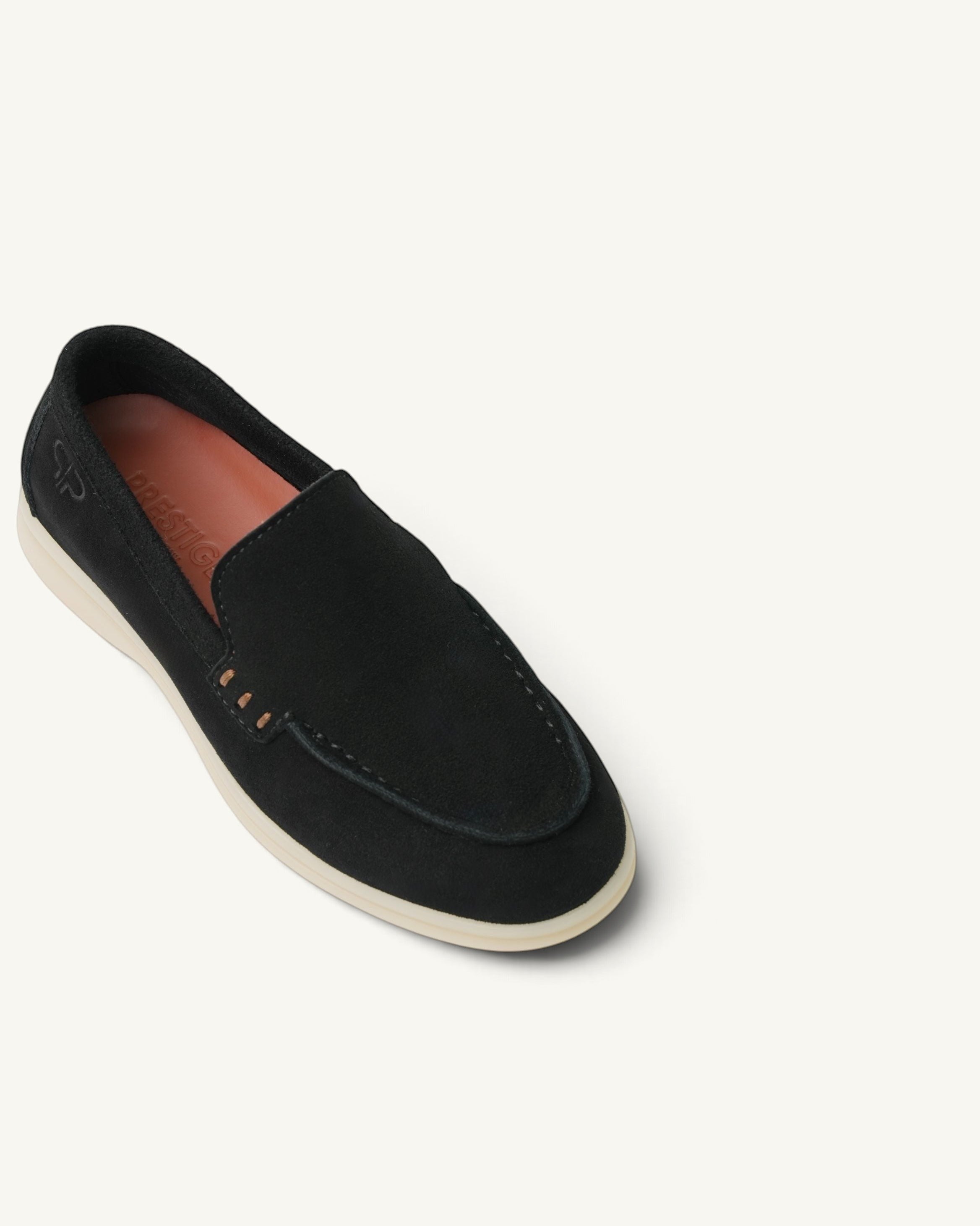 Prestige kids unisex black suede loafers with a white rubber sole and stitched detailing