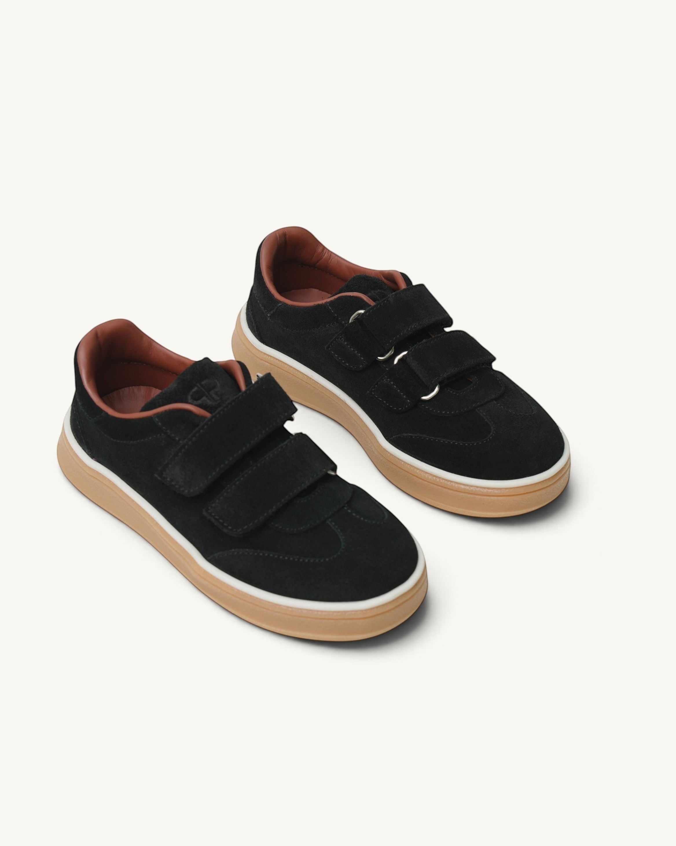 Prestige kids unisex black velour tennis walk shoes with double velcro straps and tan gum soles