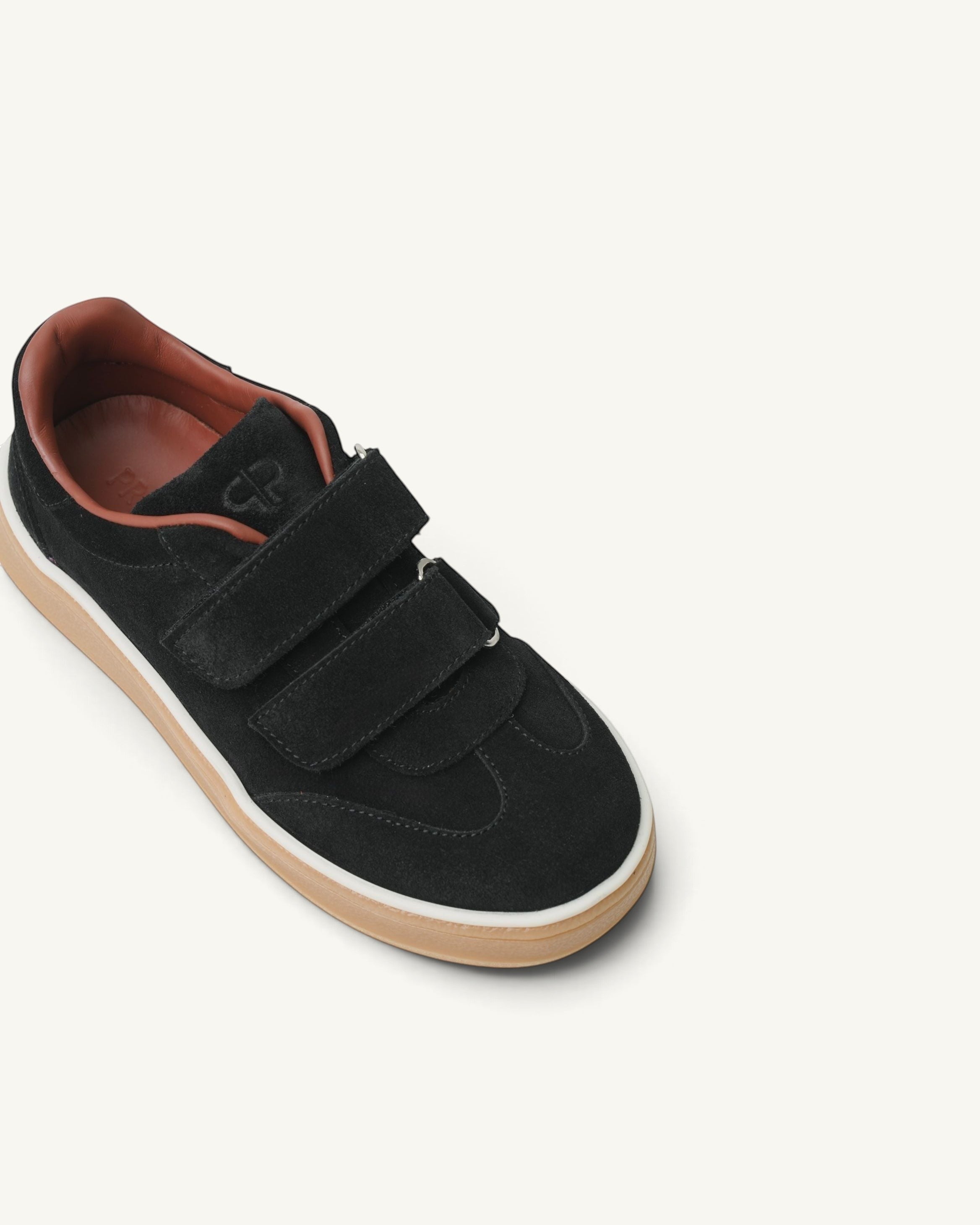 Prestige kids unisex black velour tennis sneakers with double velcro straps and a gum rubber sole
