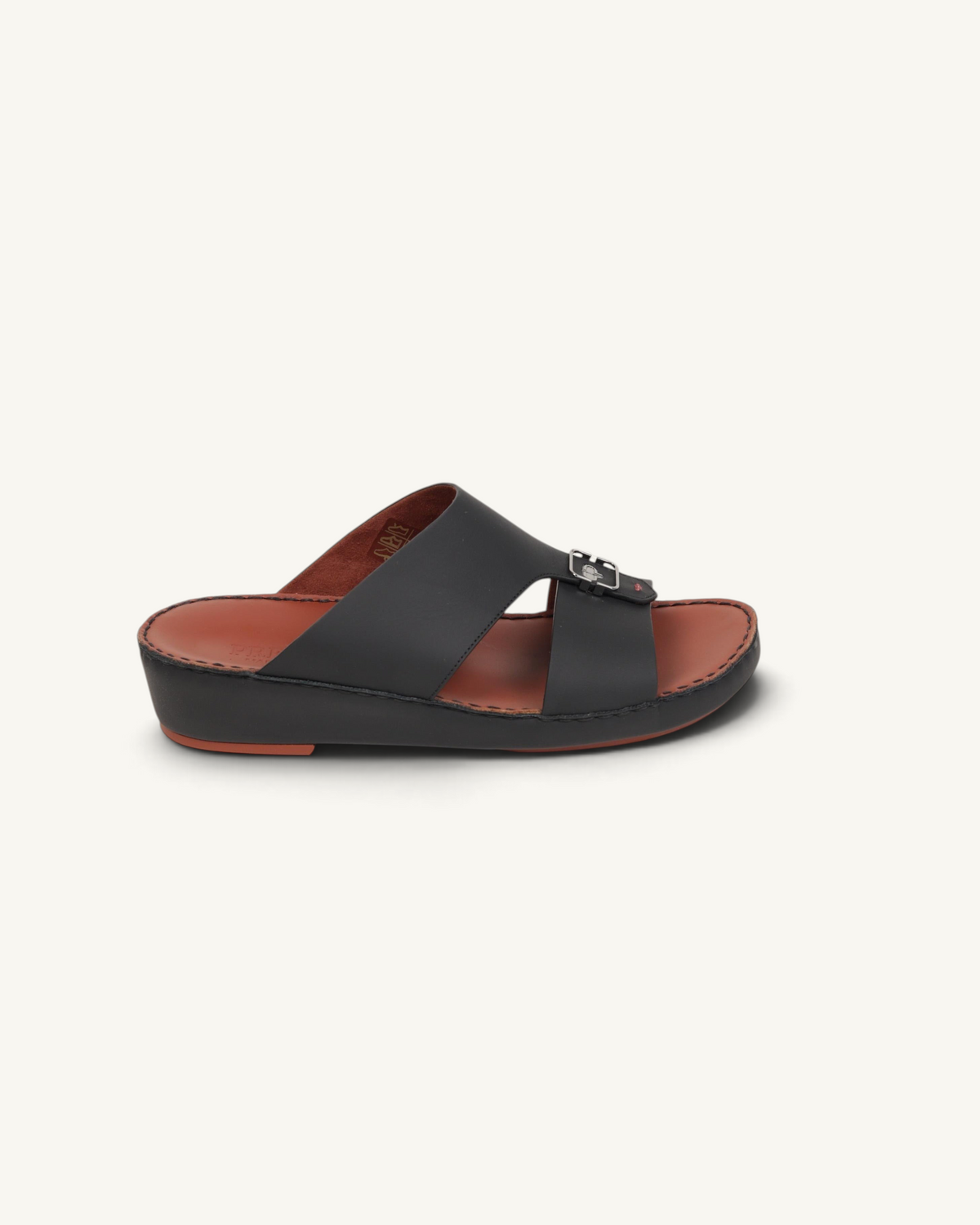 Prestige P3440 MOOD LUX Le Mans black leather slide sandal with a metallic buckle detail and cushioned footbed.