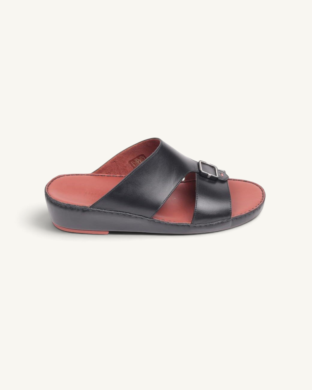 Prestige P3439 Legacy Lux slide sandal in black soft napa leather with a red footbed and adjustable buckle strap.
