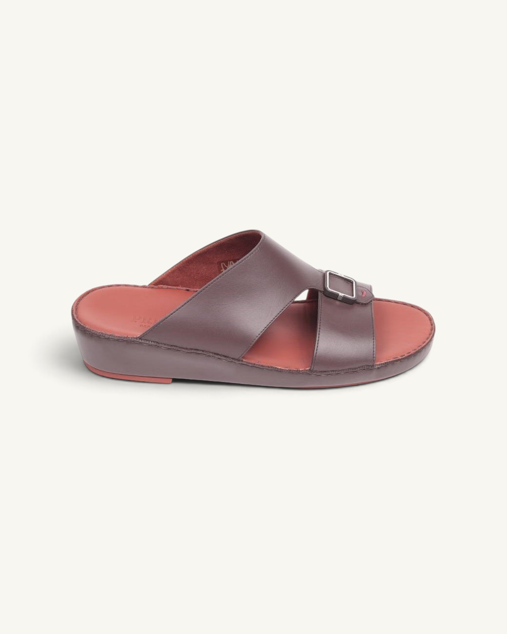 Prestige P3439 Legacy Lux slide sandal in choccolato brown napa leather with a silver buckle and red footbed