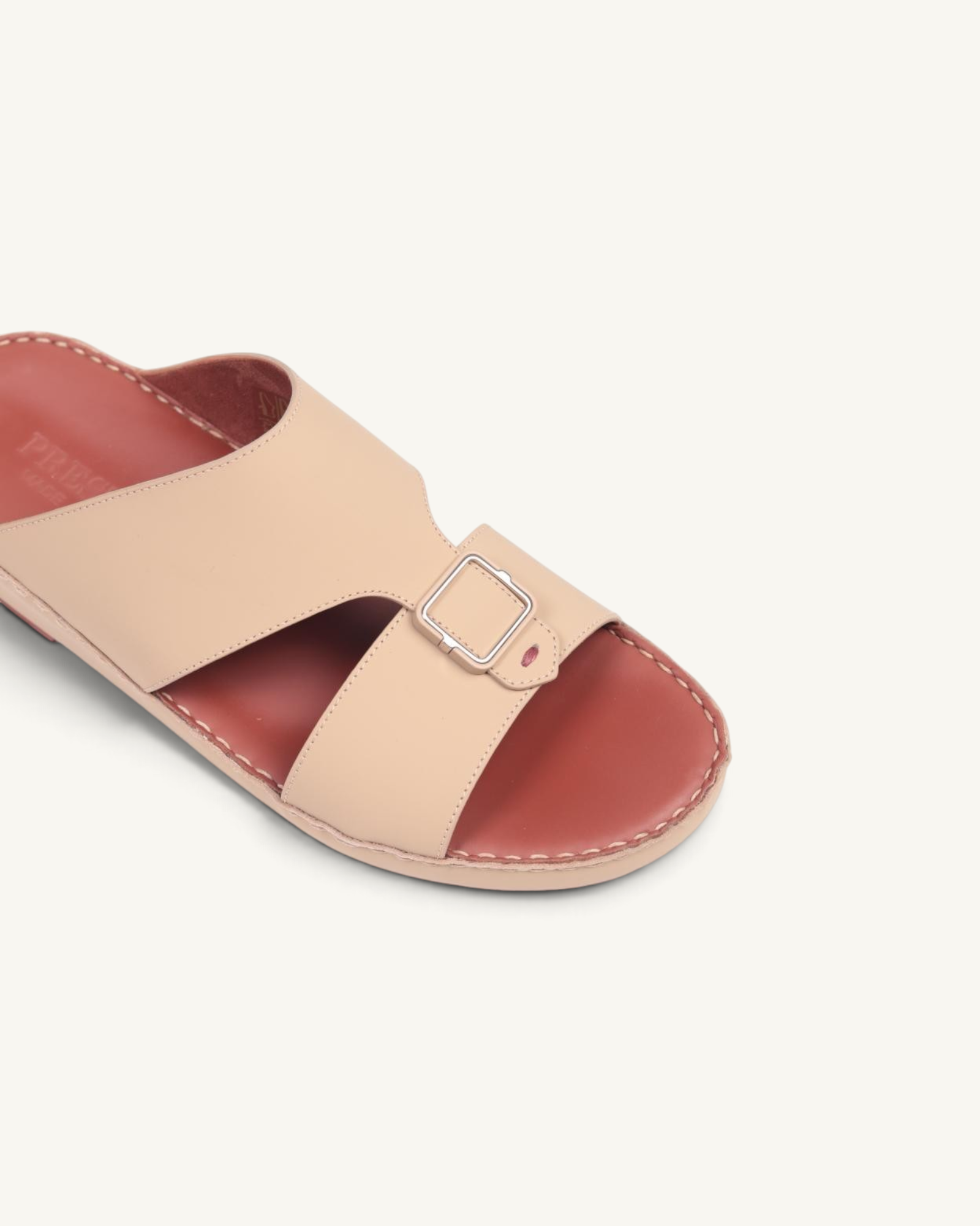Prestige P3439 Legacy Lux sandal in matte cappuccino leather with a buckled strap and contrasting dark red footbed.