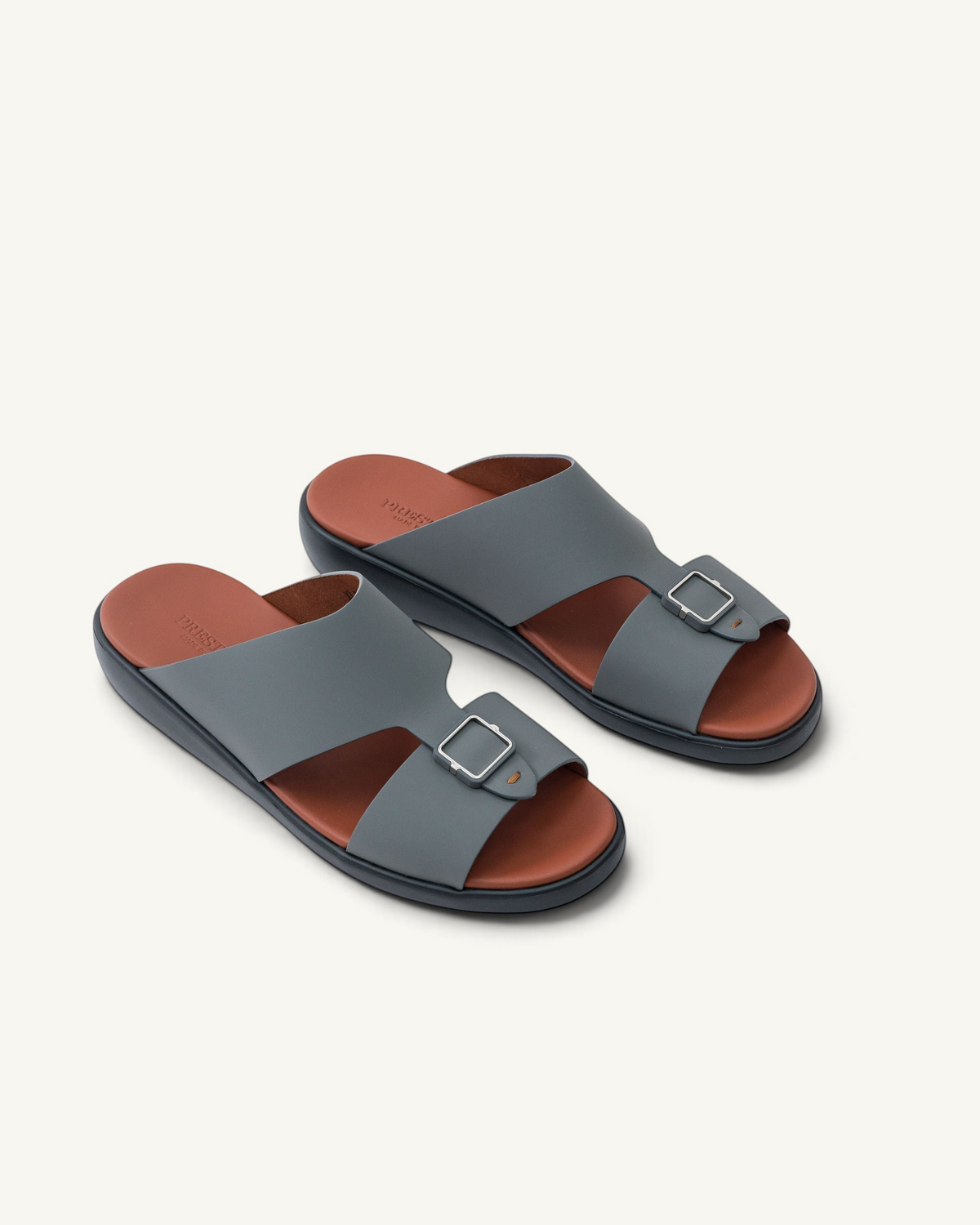 Prestige Lord Gommato antracite men's extra light sandals with a grey strap, silver buckle, and brown footbed.
