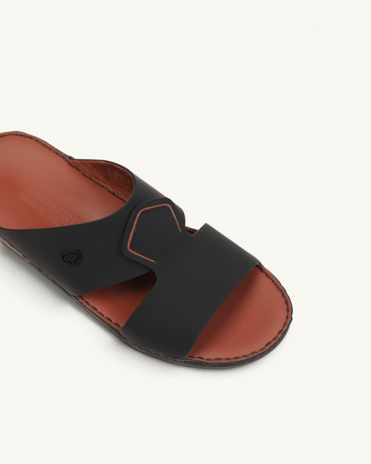 Prestige P3436 Vintage Lux matt black leather slide sandal with a brown footbed and embossed logo detail
