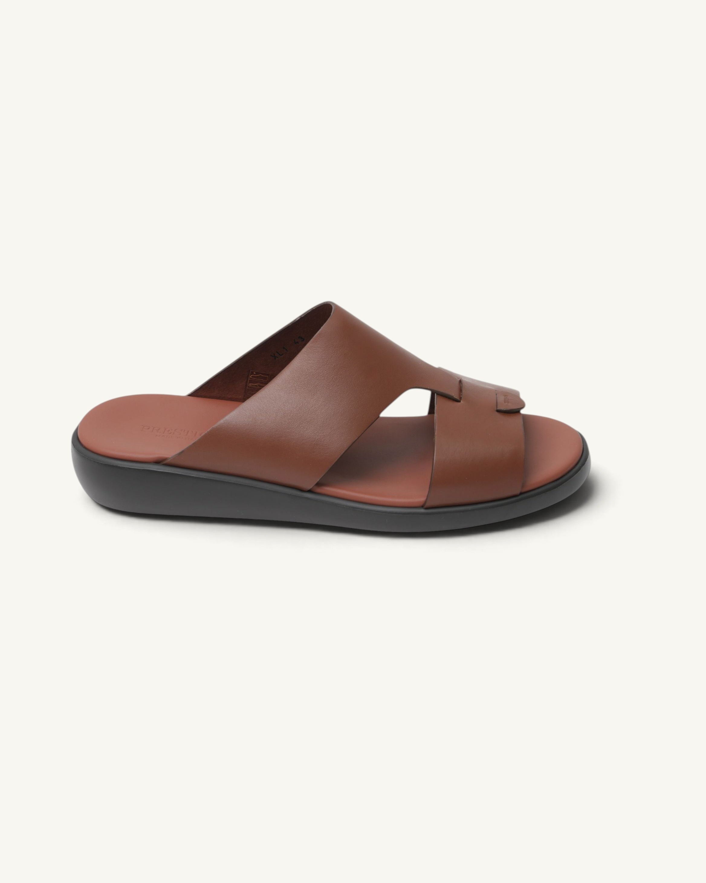 Prestige men's extra light slide sandals in mattone brown soft nappa calf leather with a comfortable black sole.