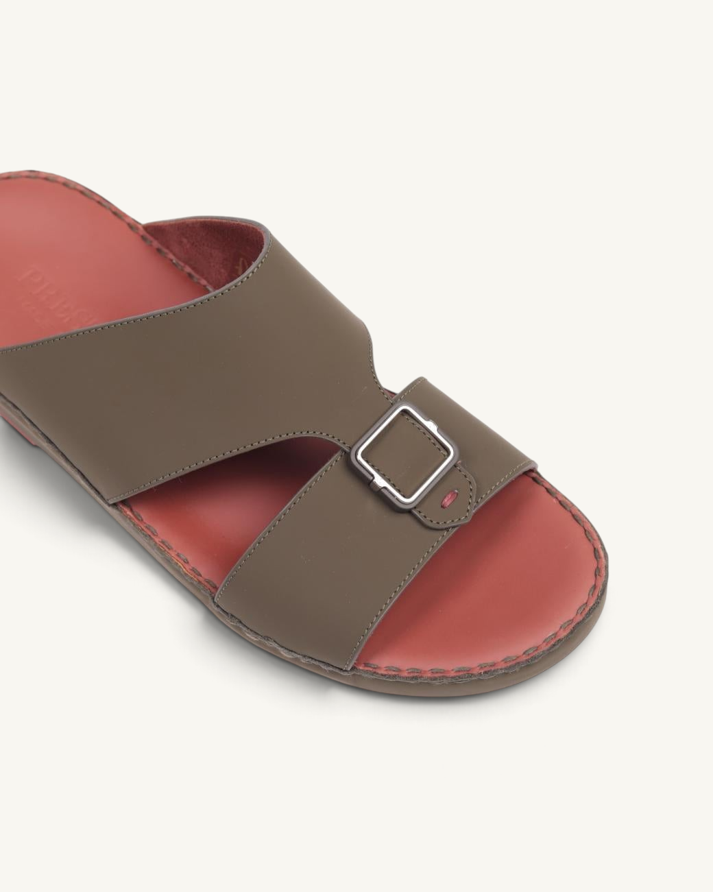 Prestige P3439 Legacy Lux military green leather slide sandal with a silver buckle and red cushioned footbed