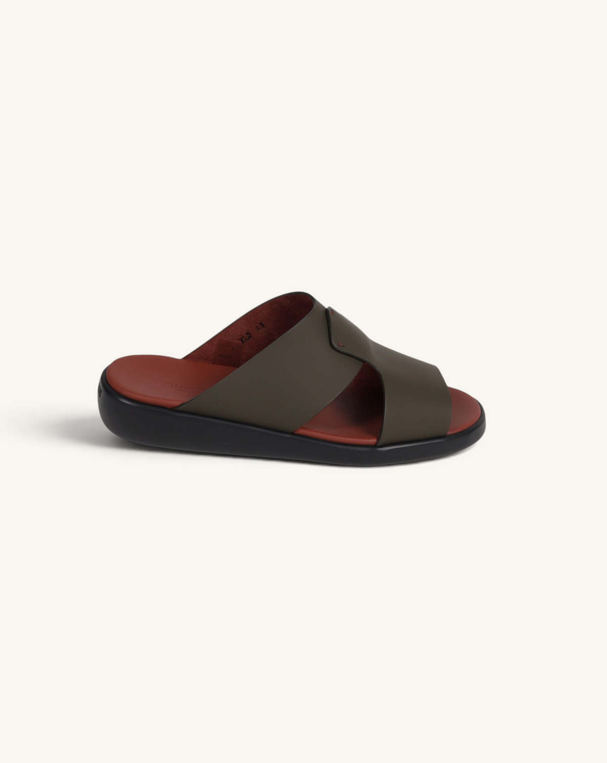 Prestige PG-XL2 GOMATTO military green leather slide sandals with a contrasting rust-colored footbed and black sole.