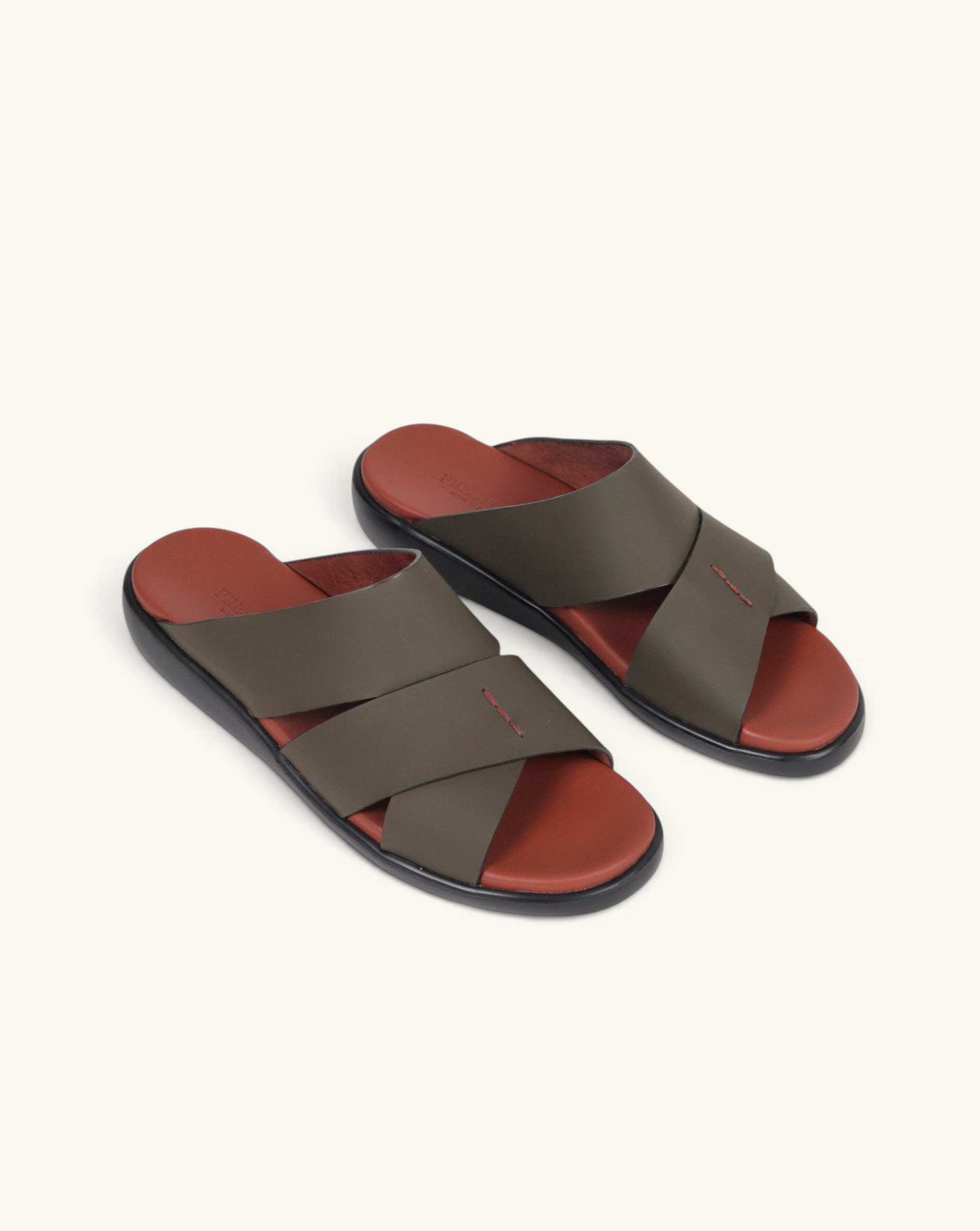 Prestige PG-XL3 Gommato military green leather slide sandals with a contrasting terracotta red footbed