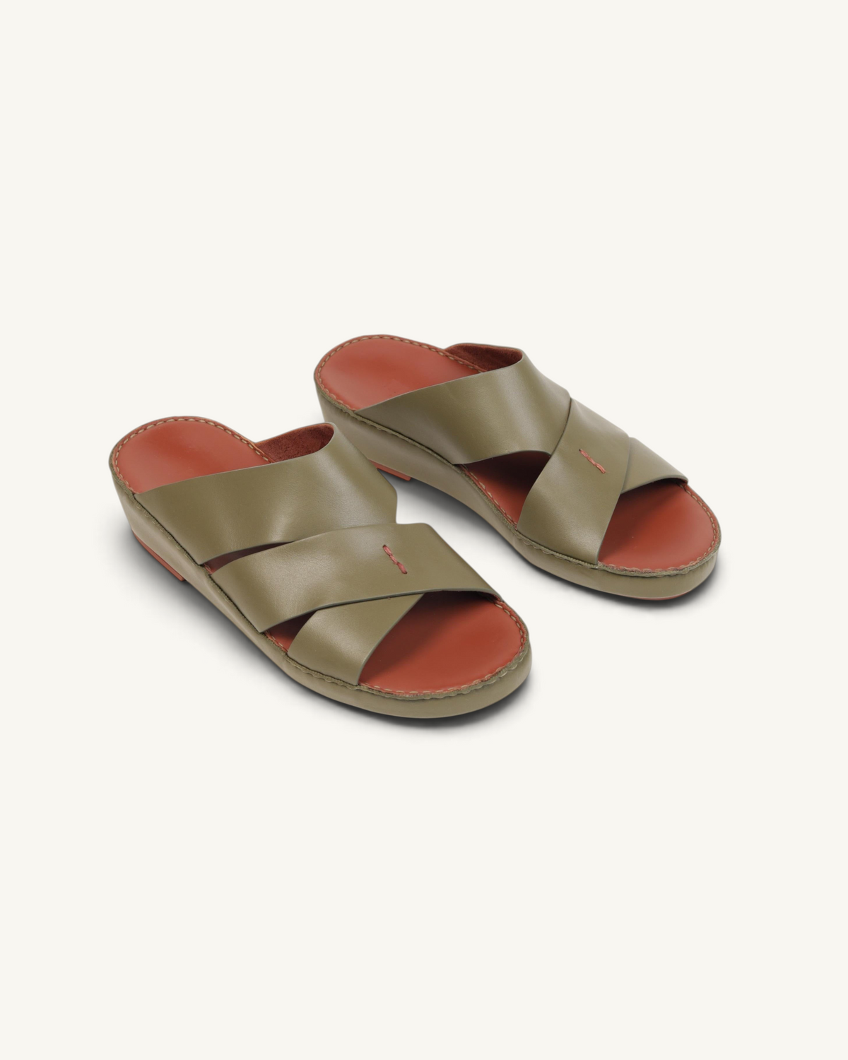 Prestige P3437 PALM LUX military green napa calf leather slide sandals with cross-strap design and tan footbed