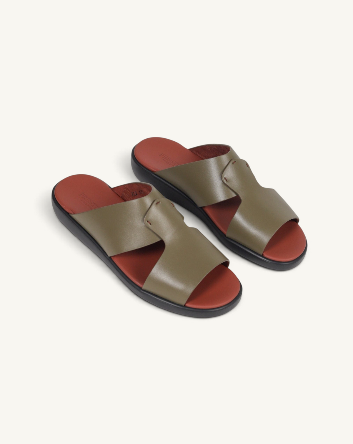 Prestige PSNC-XL2 military green soft nappa calf leather slide sandals with a contrasting terracotta footbed.