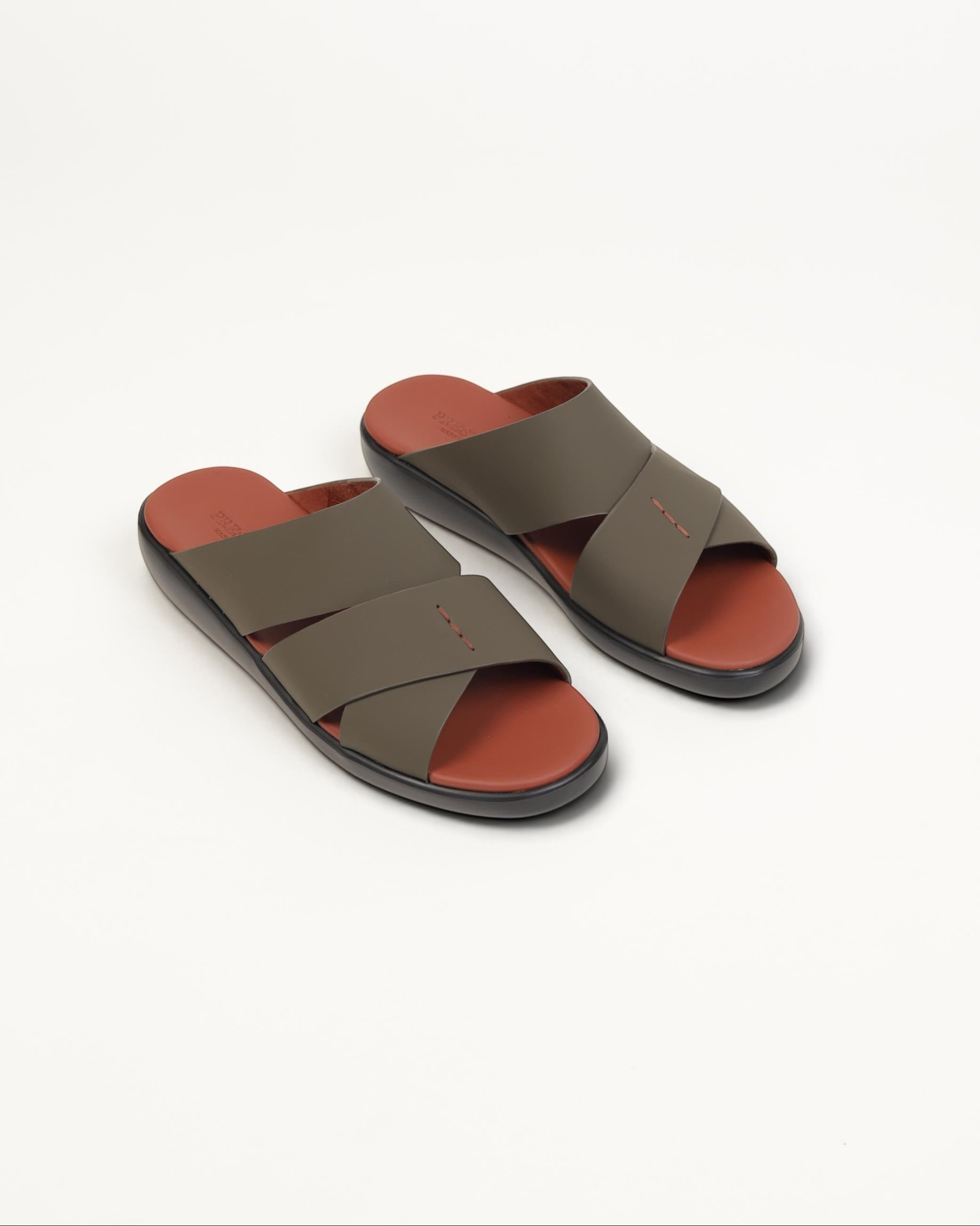 Prestige men's mocha brown extra light sandals with a cross-strap design and contrasting orange footbed