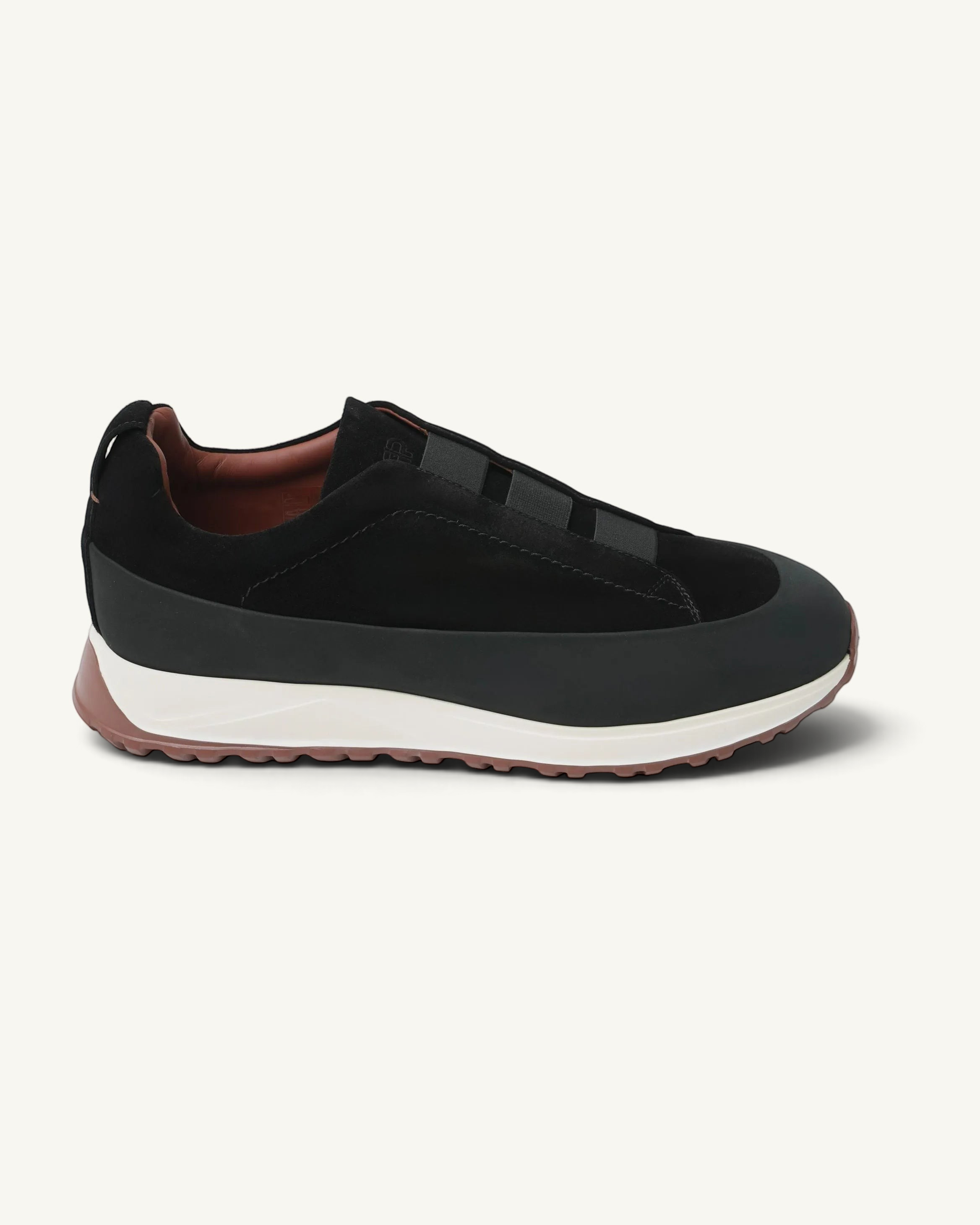 Prestige Monte triple stitch velour sneakers in black with a white midsole and brown rubber tread