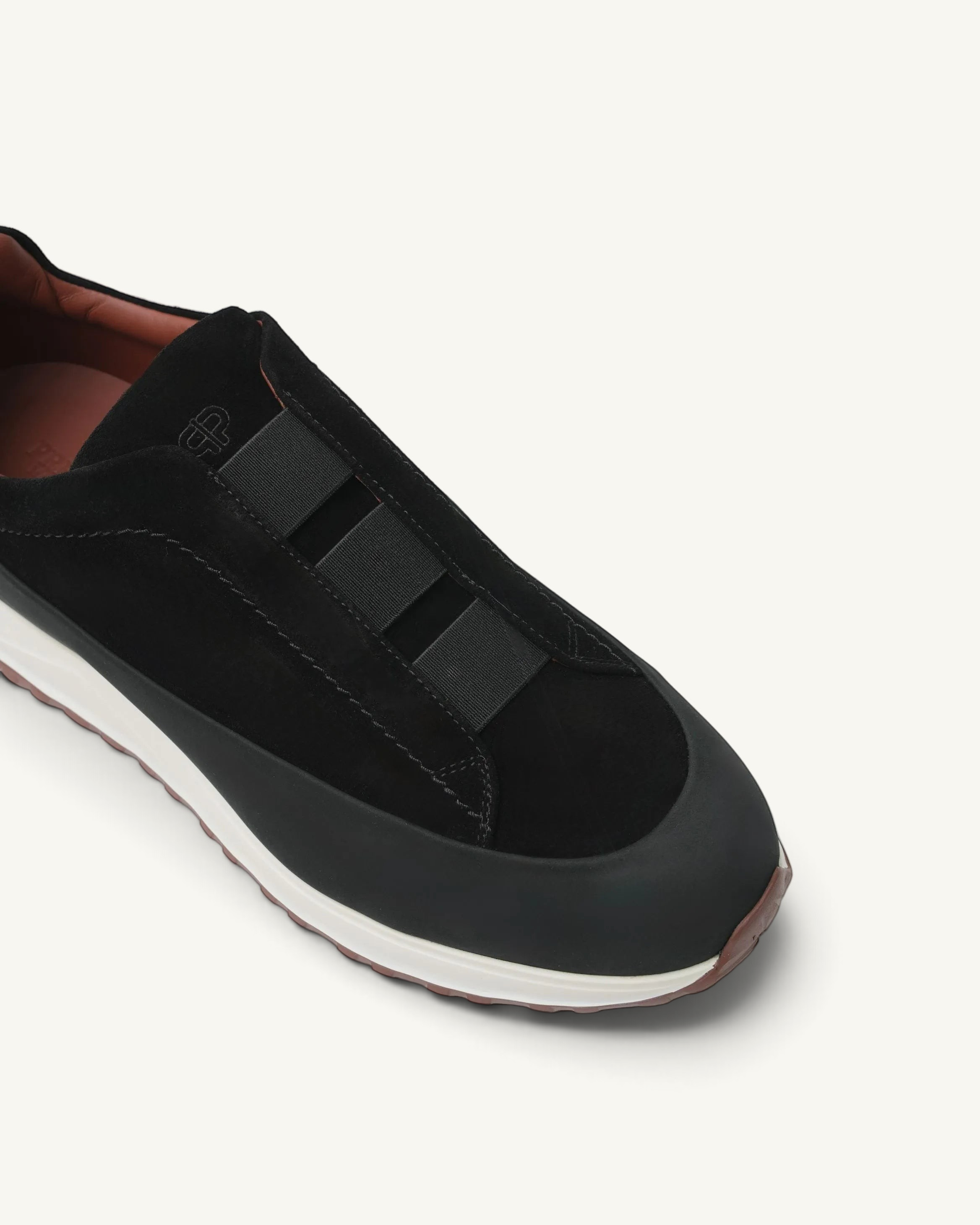 Prestige Monte triple stitch black velour sneaker with a rubberized toe cap and white midsole