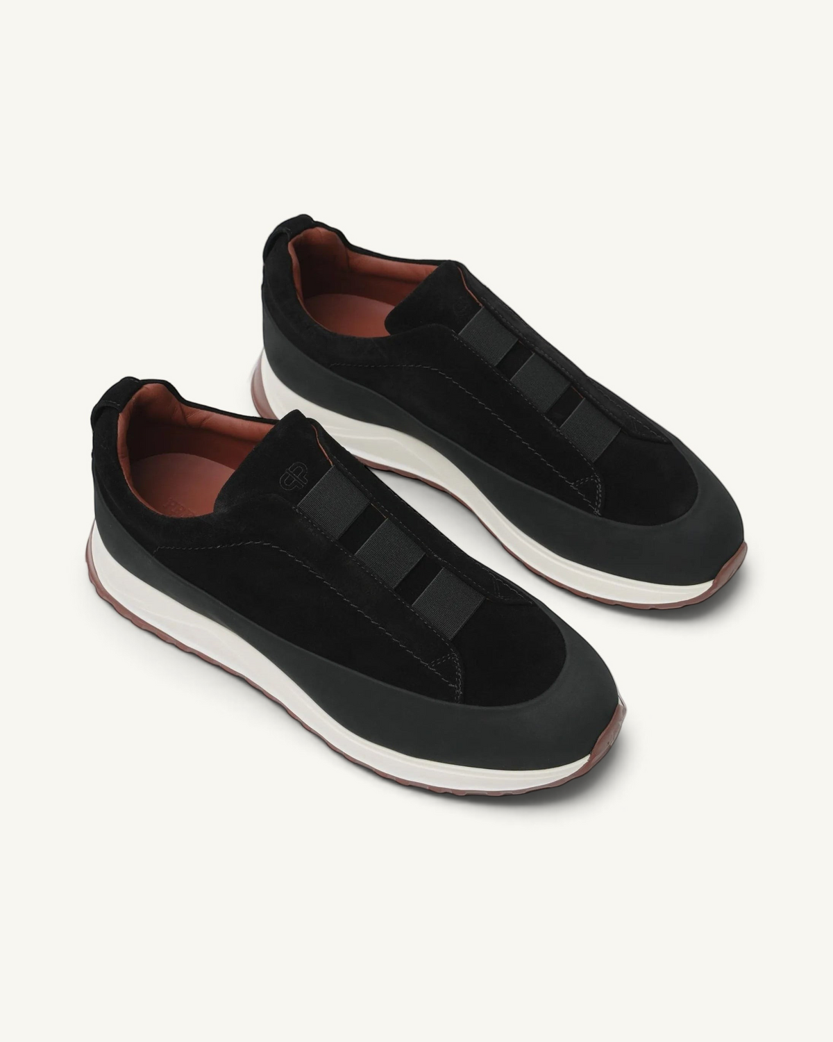 Prestige Monte triple stitch sneakers in black velour with a white midsole and brown rubber outsole