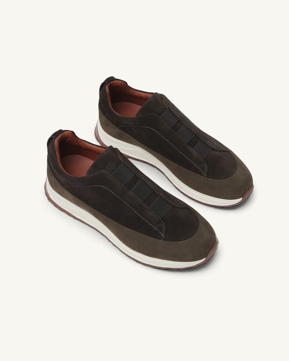 Prestige Monte dark brown velour sneakers with triple stitch detail and a thick white rubber sole