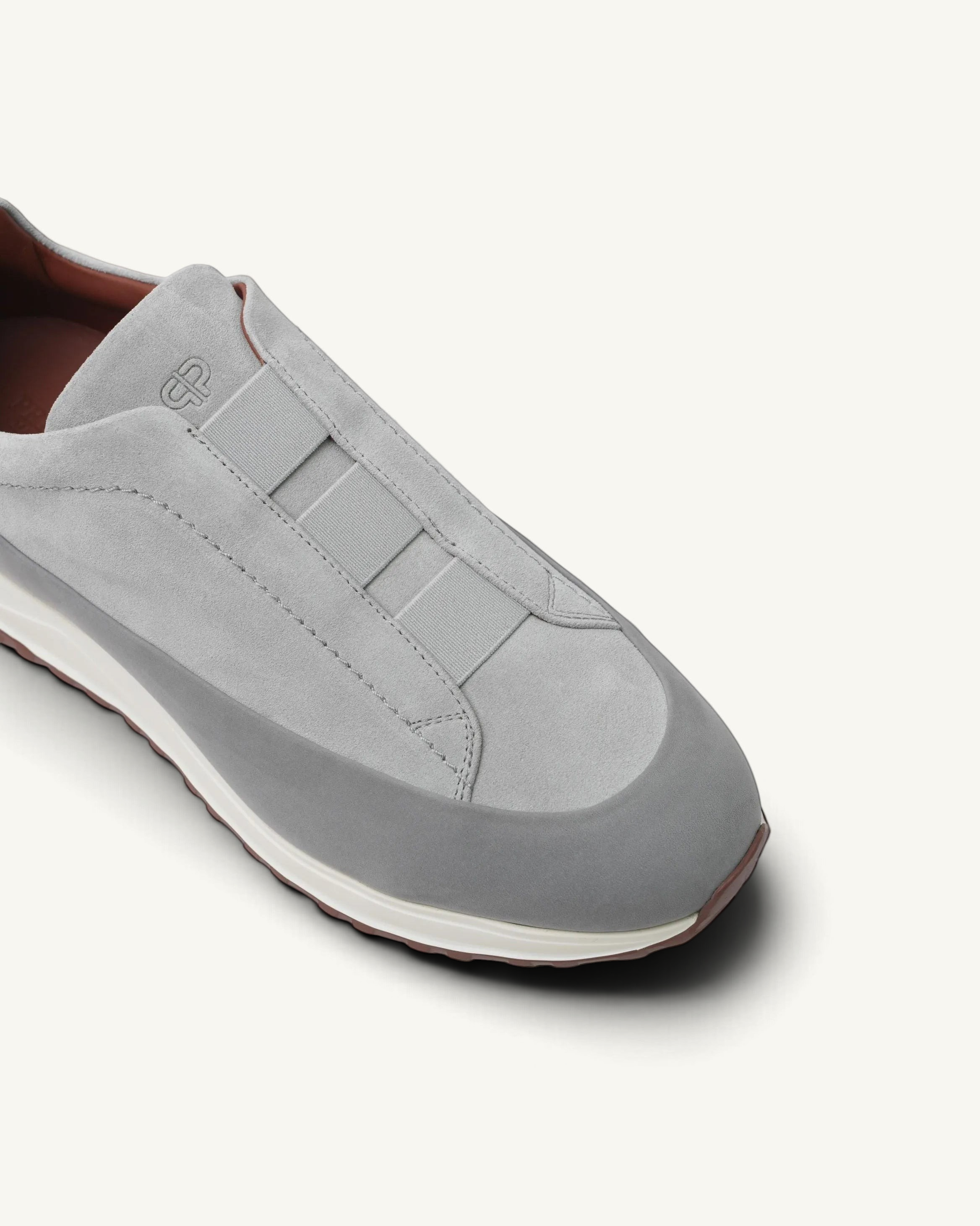 Prestige Monte grey velour sneaker featuring triple stitch detailing and a comfortable white rubber sole