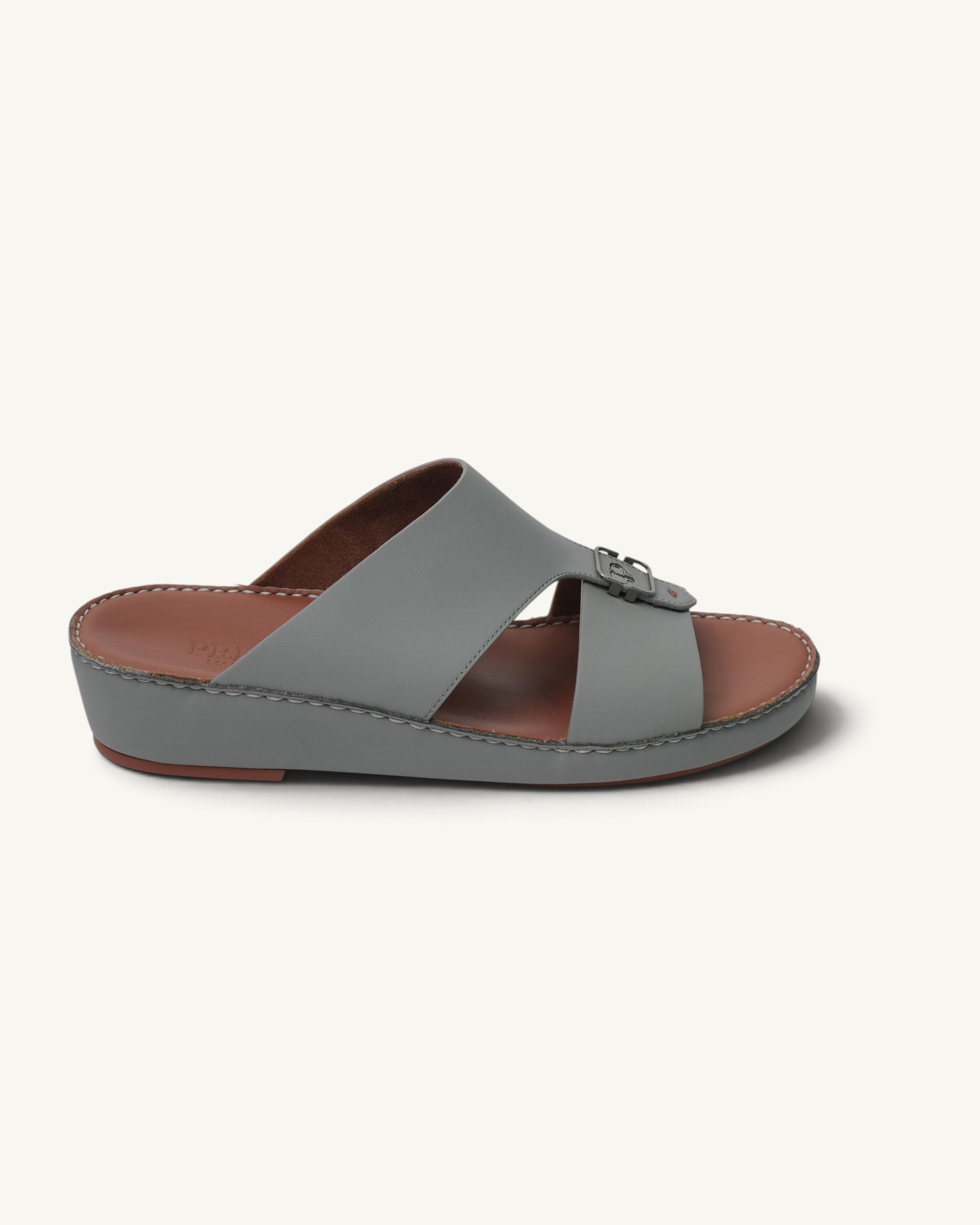Prestige P3440 MOOD LUX Le Mans Zinc leather slide sandal in grey with a brown footbed and metallic buckle detail