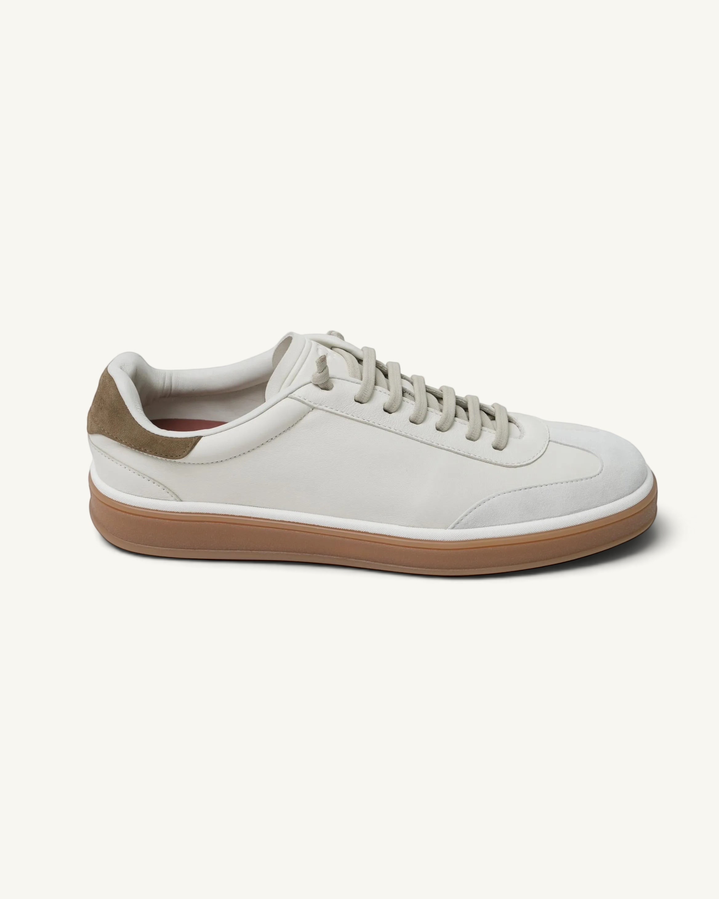 Prestige Tennis Walk men's sneaker in white nappa leather with suede accents and a gum rubber sole.