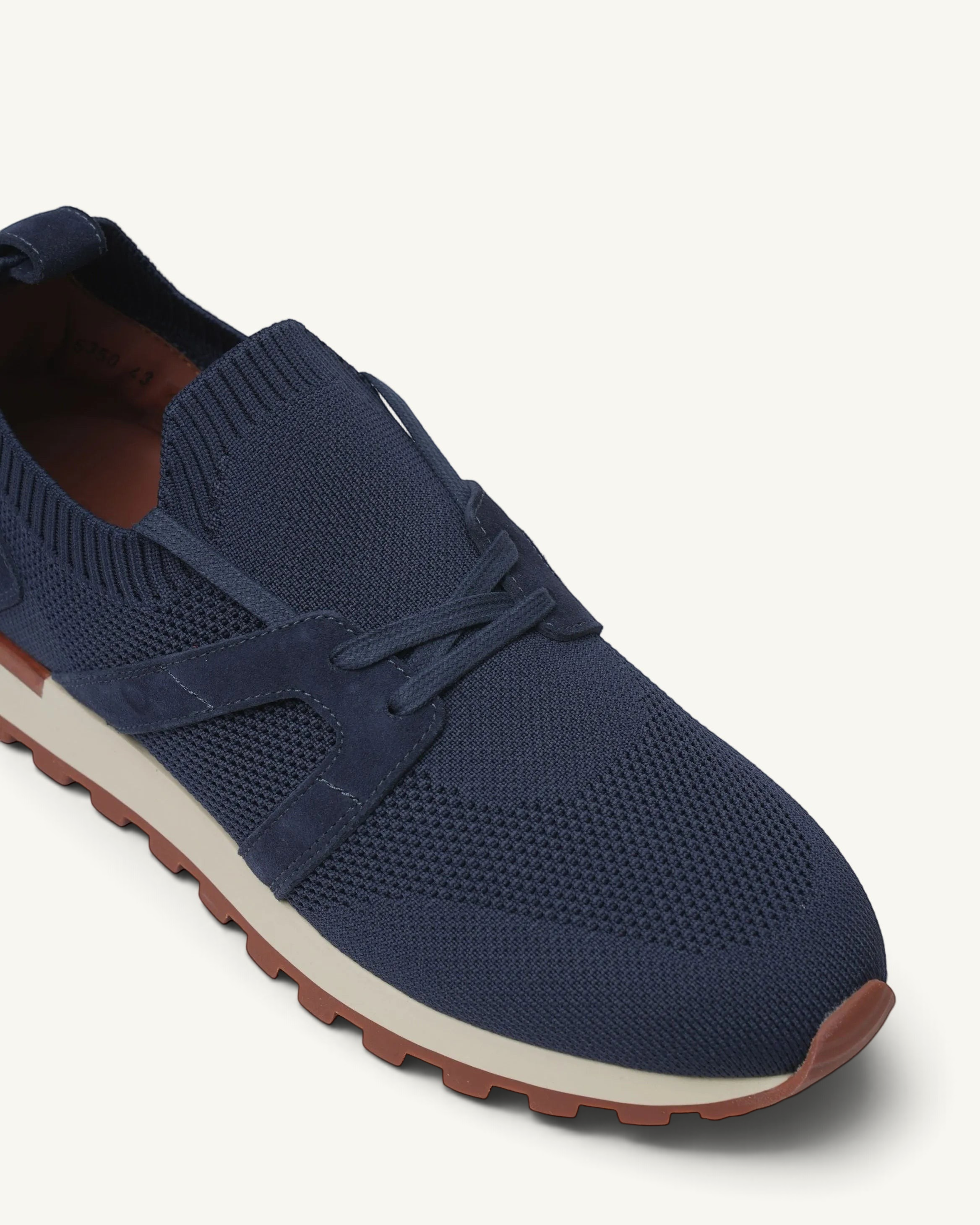 Prestige PS-U5350 Flexy Lux navy blue knit sneakers with suede overlays and a contrasting white and brown sole