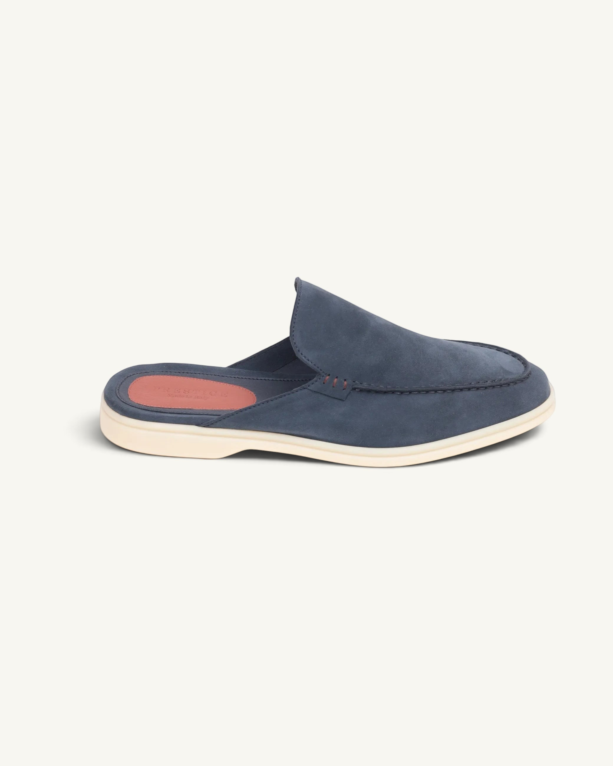 Prestige PSM93S Babouche Walk slip-on mule in navy blue suede with a contrast cream rubber sole and leather insole.