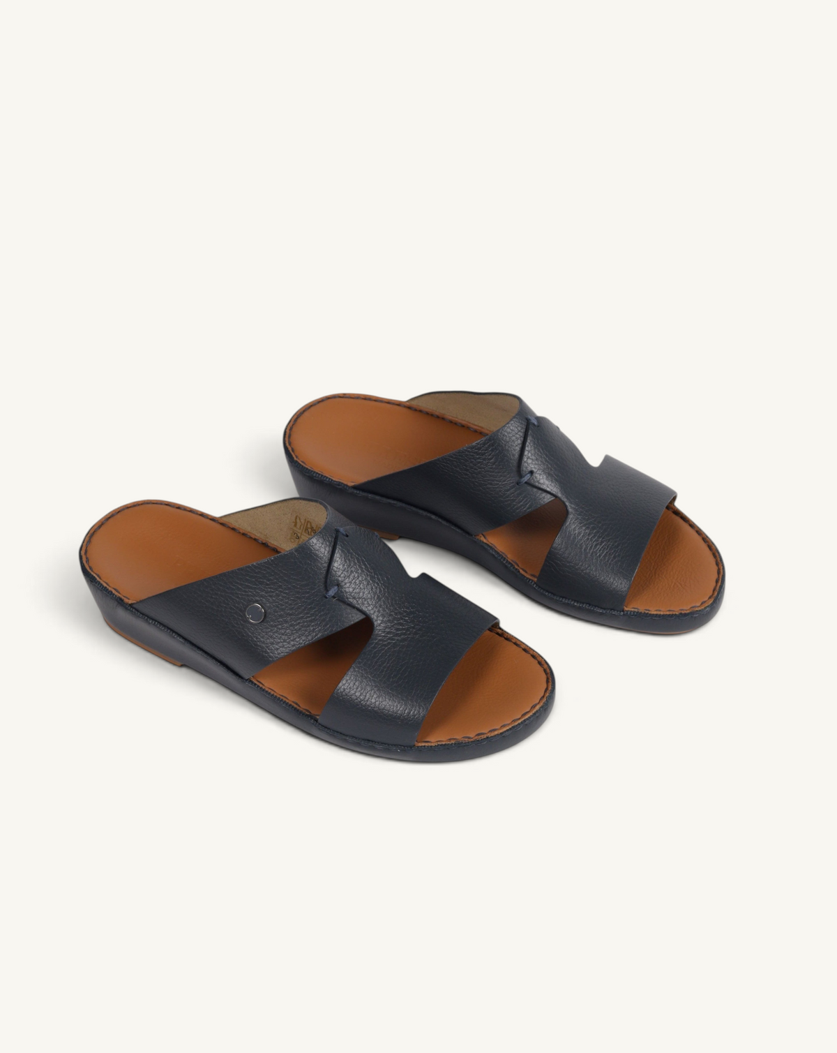 Prestige P3326 Legacy Trotter Aero navy blue leather slide sandals with tan insoles and comfortable low wedge heel