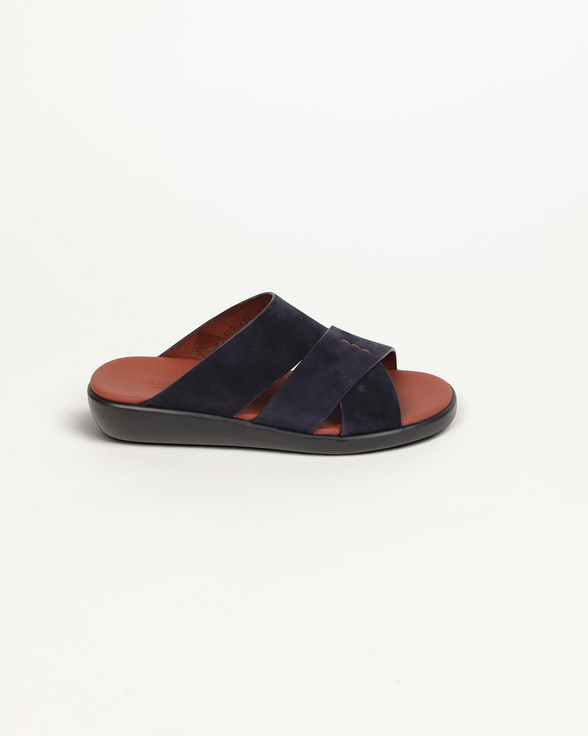 Prestige PVNL-XL3 velour abisso slide sandals in deep navy blue suede with a contrasting terracotta leather footbed.