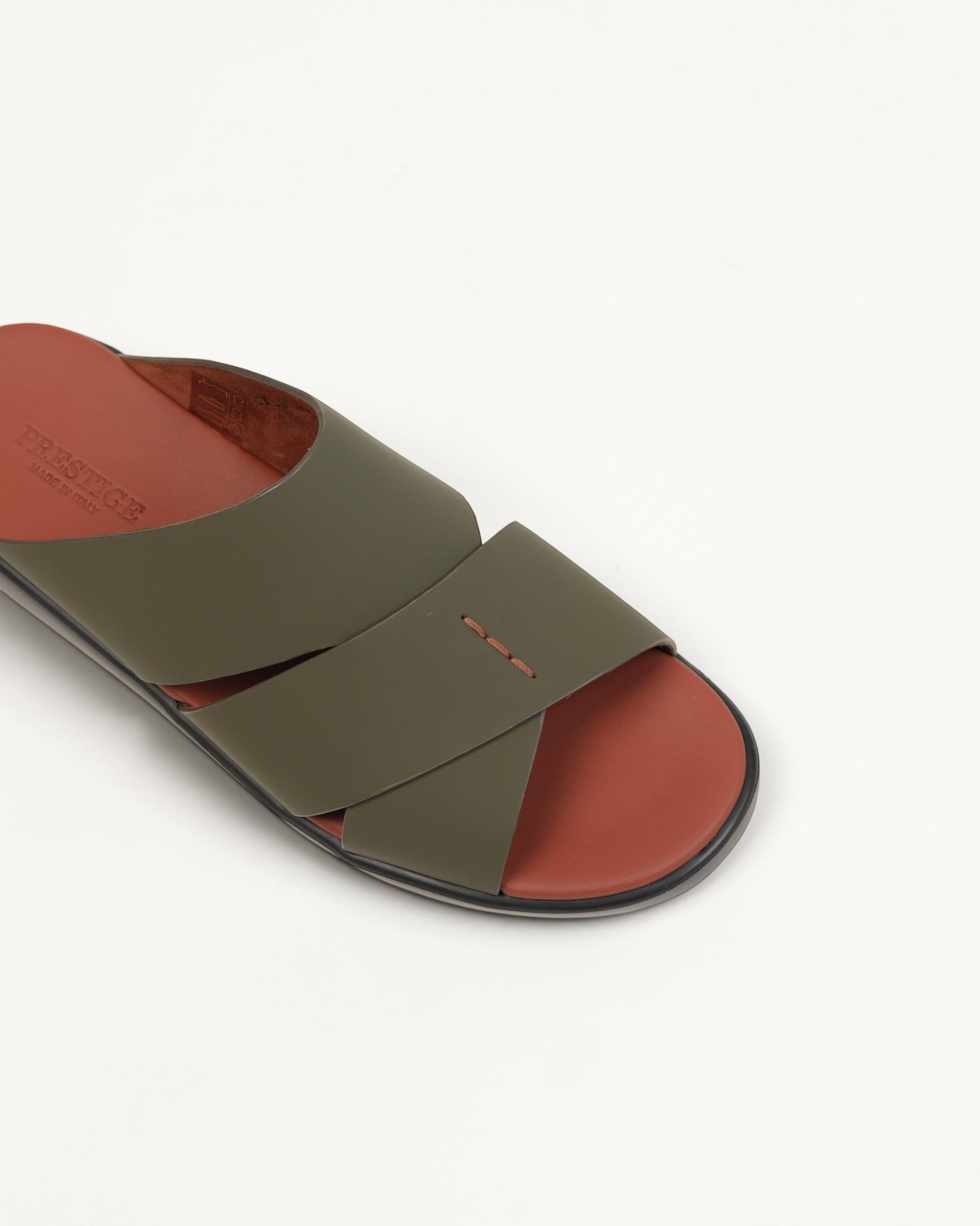 Prestige olive green extra light men's sandals with a cross-strap design and tan leather footbed